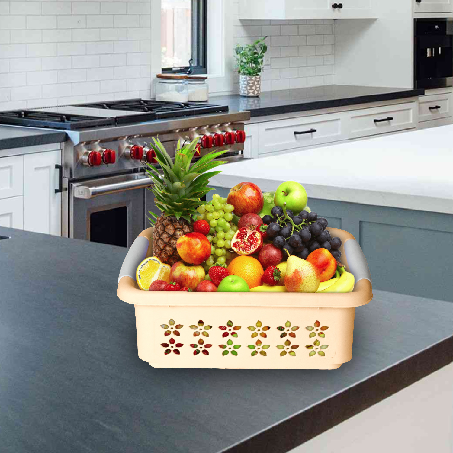Kuber Industries Multipurpose Rectangle Shape Plastic Storage Basket for Kitchen, Fruit Basket, Office Table, Storage Organizer Medium (Beige)