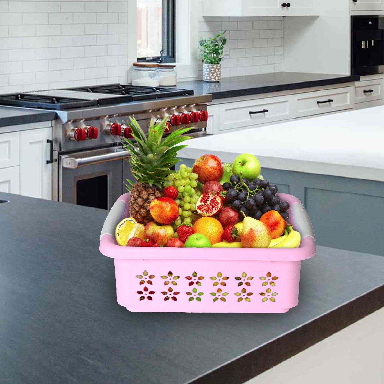 Kuber Industries Multipurpose Rectangle Shape Plastic Storage Basket for Kitchen, Fruit Basket, Office Table, Storage Organizer Medium (Pink)
