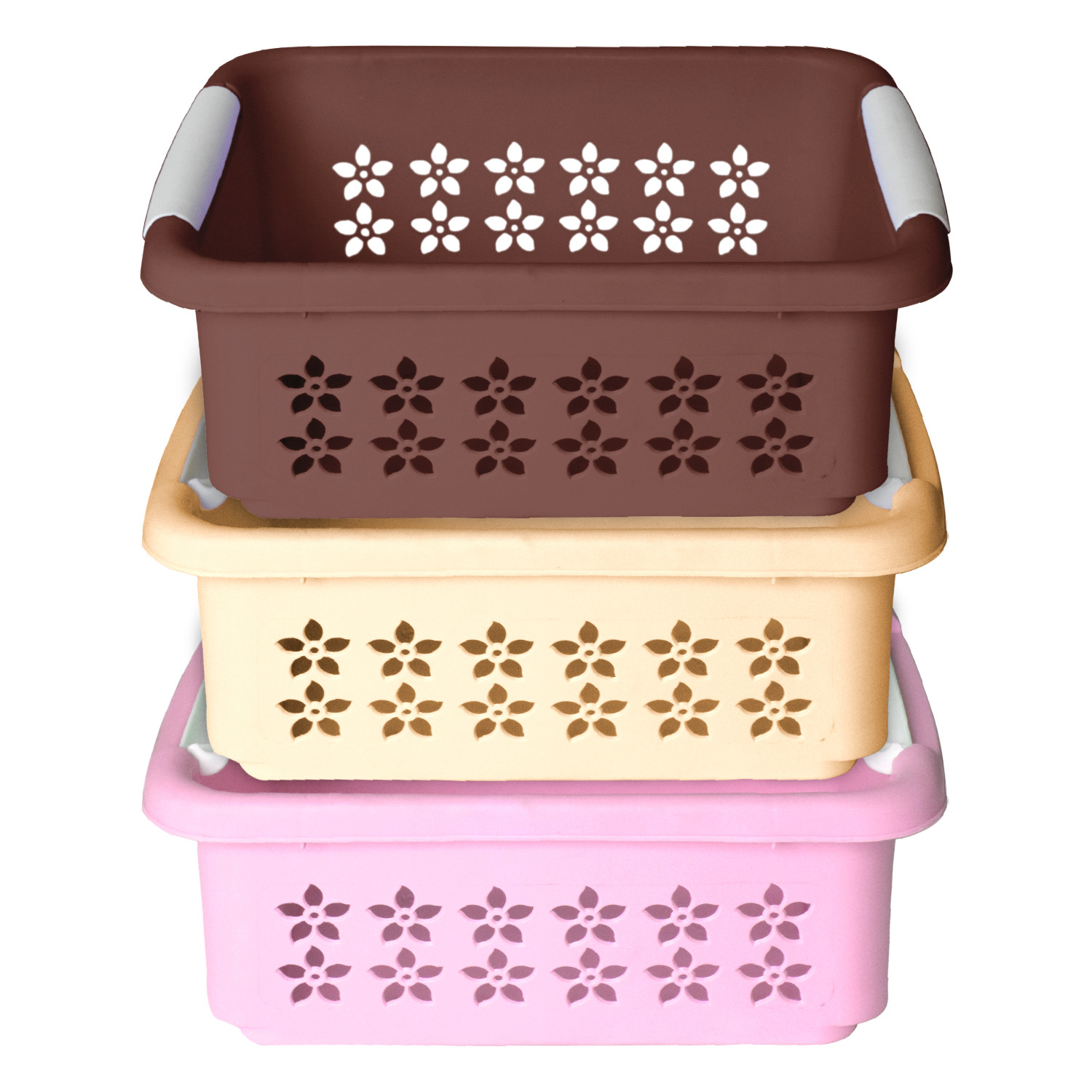 Kuber Industries Multipurpose Rectangle Shape Plastic Storage Basket for Kitchen, Fruit Basket, Office Table, Storage Organizer Large Pack of 3 (Brown, Beige, Pink)