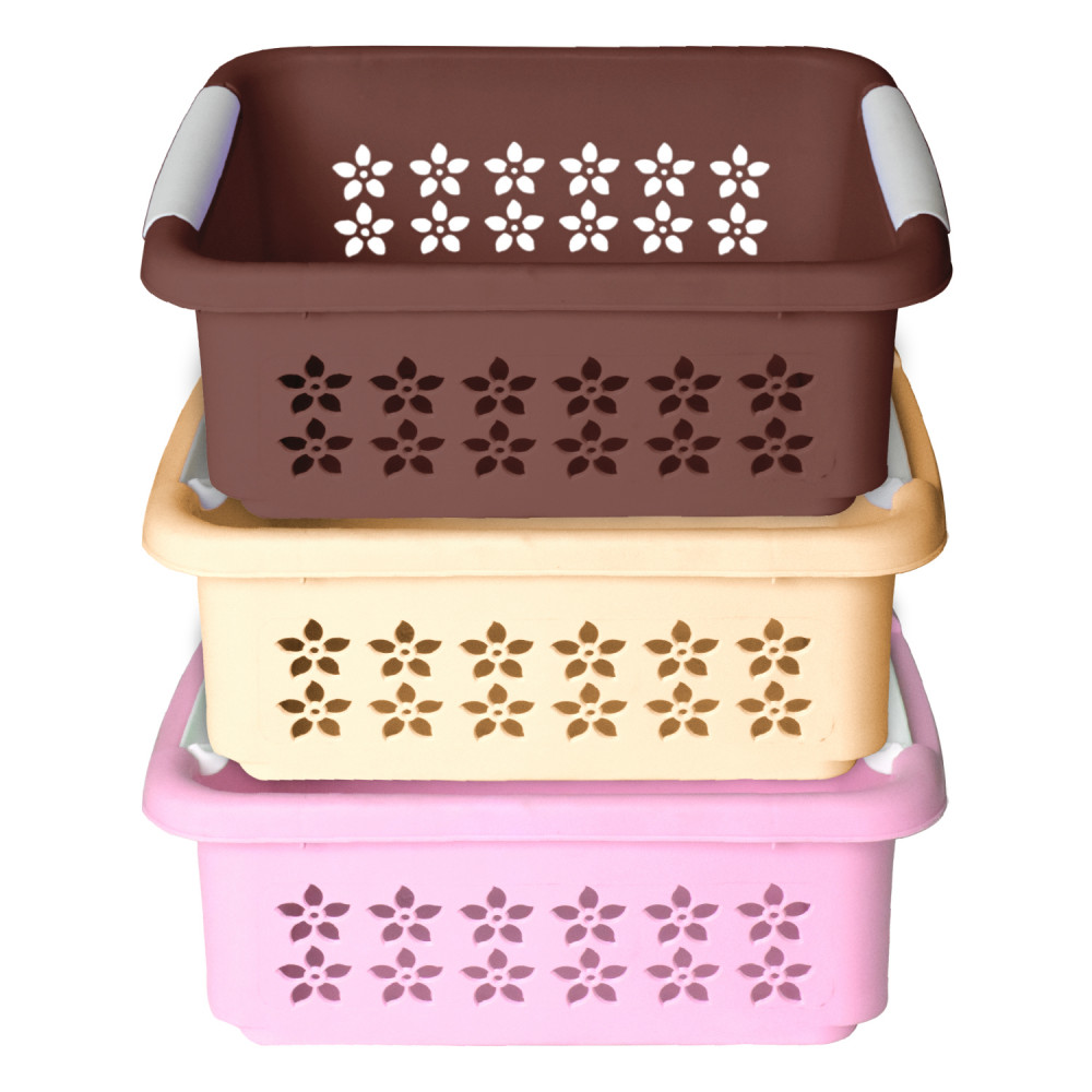 Kuber Industries Multipurpose Rectangle Shape Plastic Storage Basket for Kitchen, Fruit Basket, Office Table, Storage Organizer Large Pack of 3 (Brown, Beige, Pink)