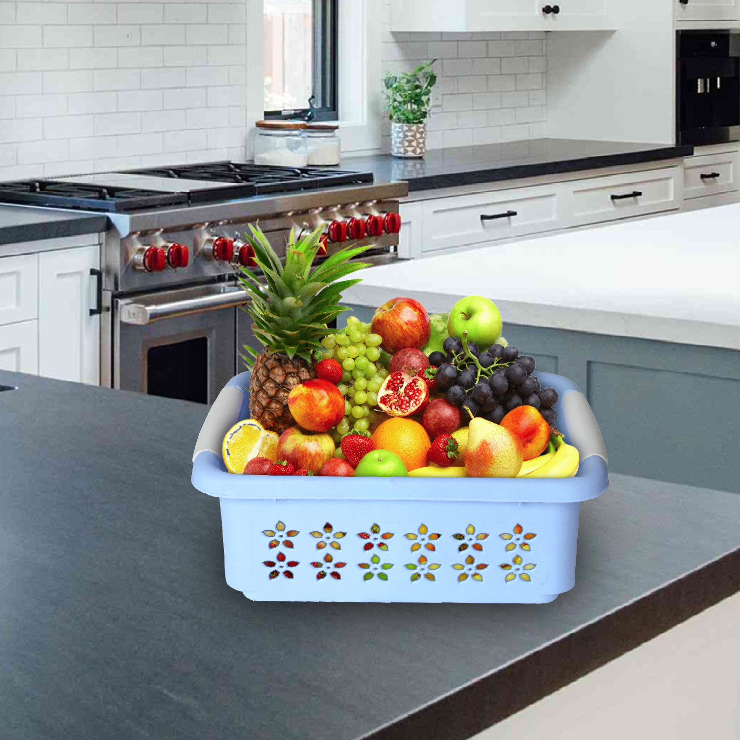 Kuber Industries Multipurpose Rectangle Shape Plastic Storage Basket for Kitchen, Fruit Basket, Office Table, Storage Organizer Medium (Sky Blue)