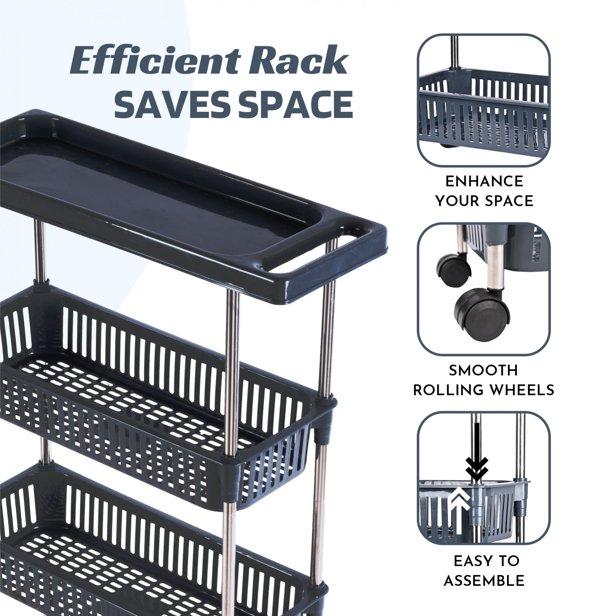 Kuber Industries Multipurpose Slim 4-Layer Storage Organizer Rack with 360 Degree Wheels  Storage Trolley Rack for Kitchen Home Office Hospital  Cutlery Kitchen Rack Trolley  Gray