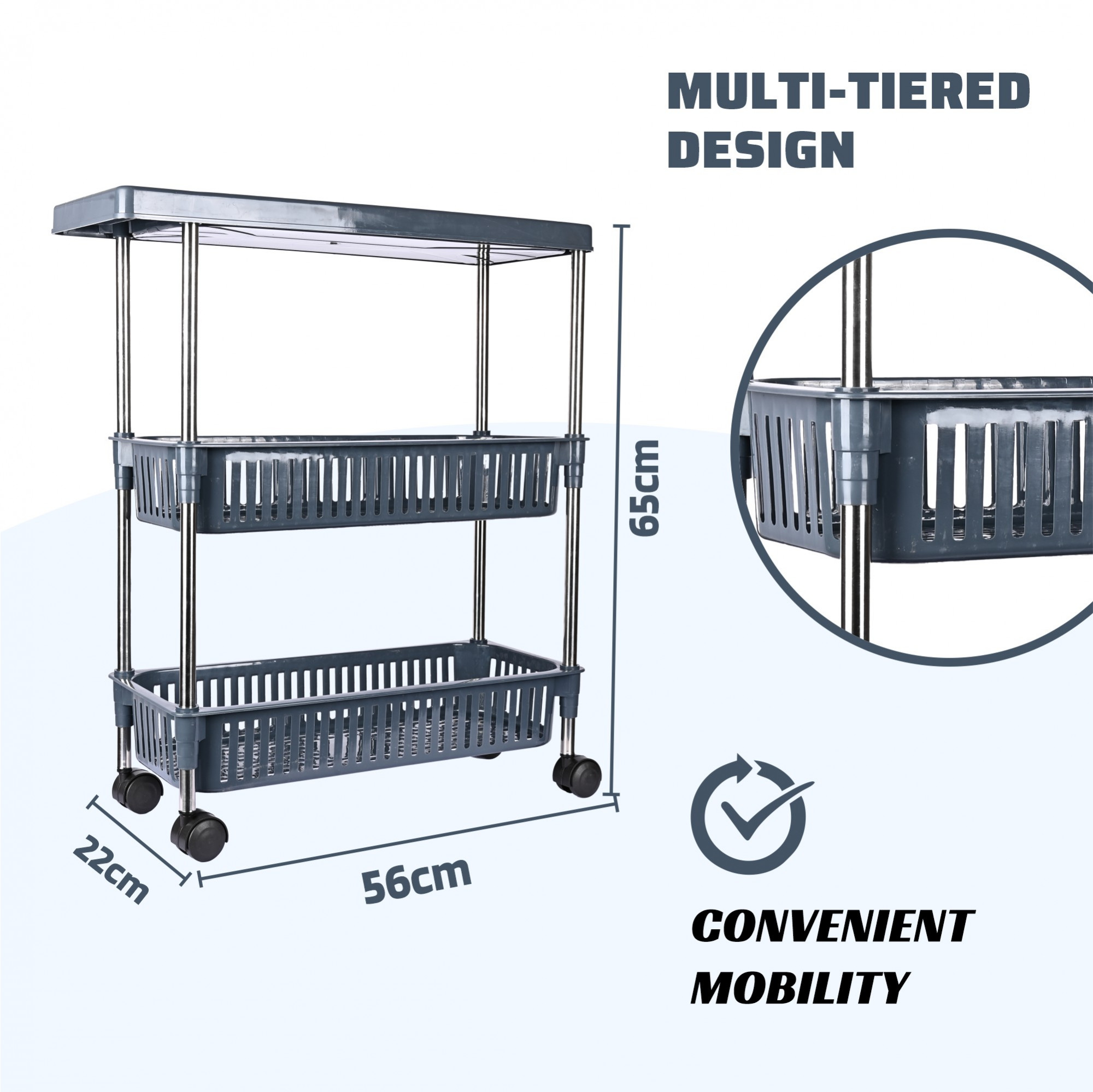 Kuber Industries Multipurpose Slim 4-Layer Storage Organizer Rack with 360 Degree Wheels  Storage Trolley Rack for Kitchen Home Office Hospital  Cutlery Kitchen Rack Trolley  Gray