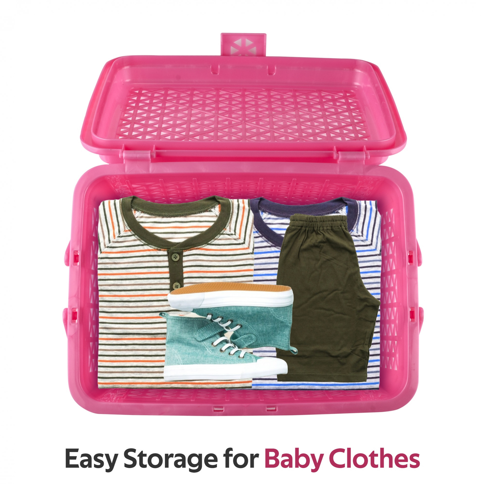 Kuber Industries Multipurpose Small Storage Box with Lid  Handle  Ideal Clothes Basket for Organizing Toys  Home Essentials - Ventilated Design for Fresh Storage  Barbie Pink