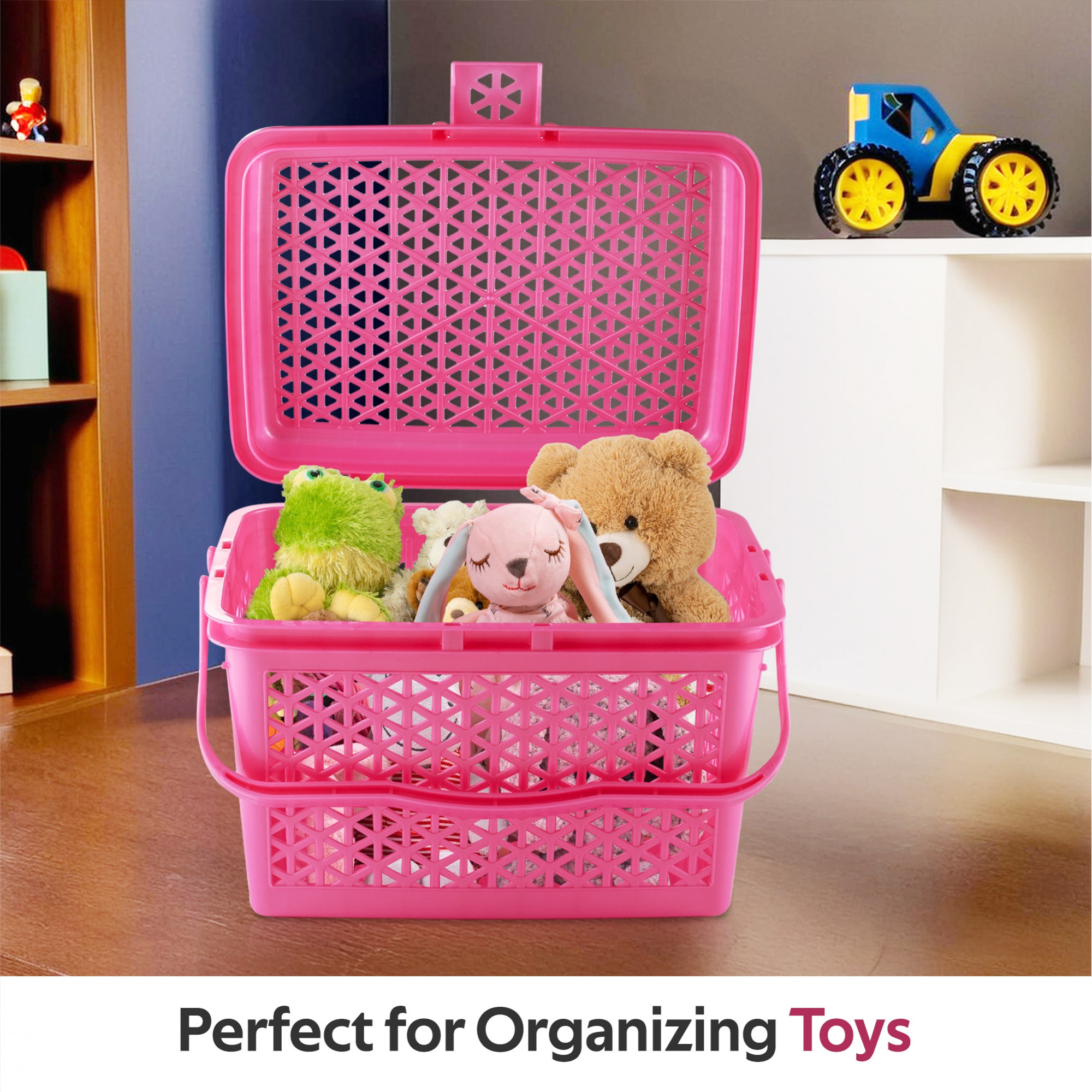 Kuber Industries Multipurpose Small Storage Box with Lid  Handle  Ideal Clothes Basket for Organizing Toys  Home Essentials - Ventilated Design for Fresh Storage  Barbie Pink