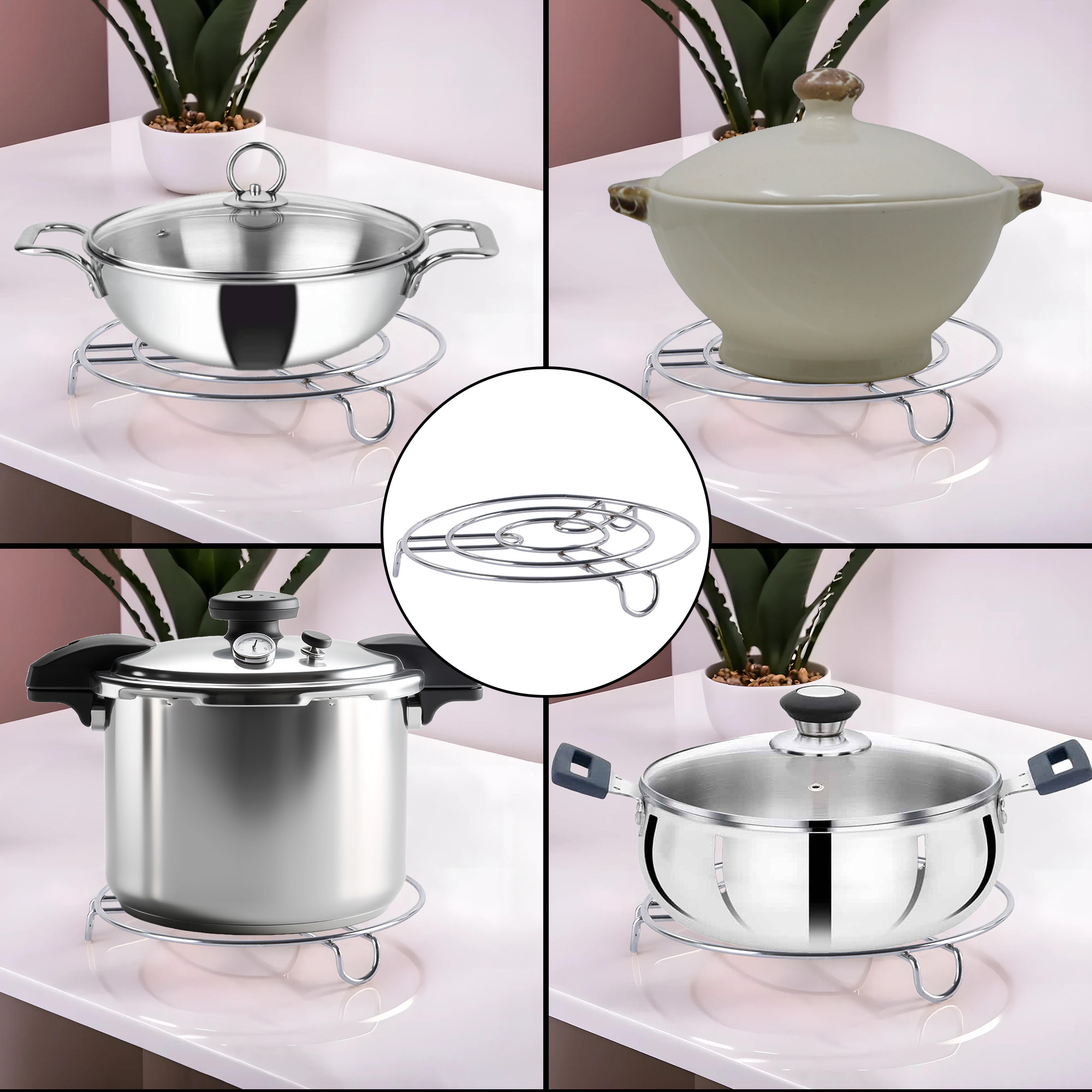 Kuber Industries Multipurpose Stainless Steel Cooker Stand  Heat Resistant Hot Plate Dishes Holder  DongaHot Pot Stand For Kitchen  Home  HW-2  Silver