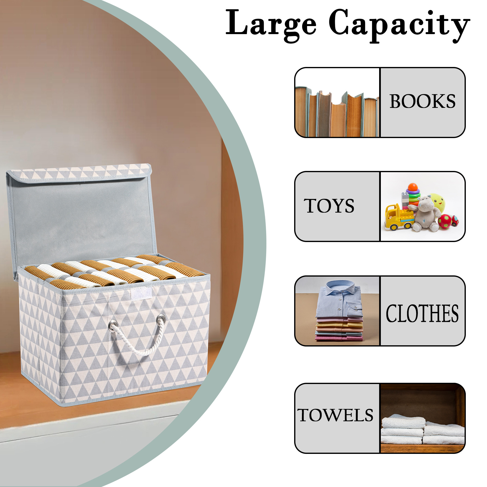Kuber Industries Multipurpose Storage Box For Wardrobe With Lid  Handle  Large Space-Saving Container Boxes For Storage Clothes - Ideal For Bathroom  Kitchen  Triangle Print - Grey