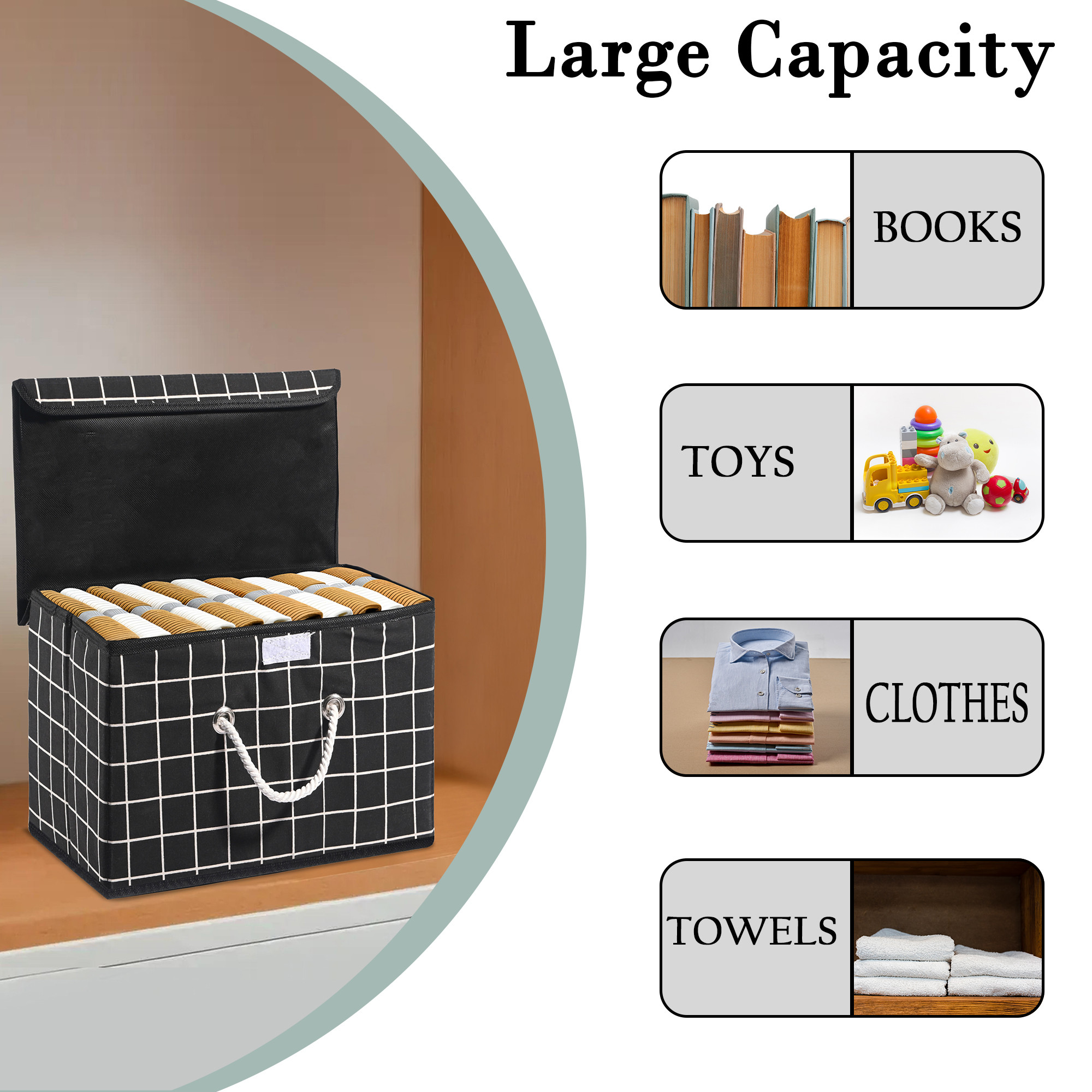 Kuber Industries Multipurpose Storage Box For Wardrobe With Lid  Handle  Medium Space-Saving Container Boxes For Storage Clothes - Ideal For Bathroom  Kitchen  Check Print - Black