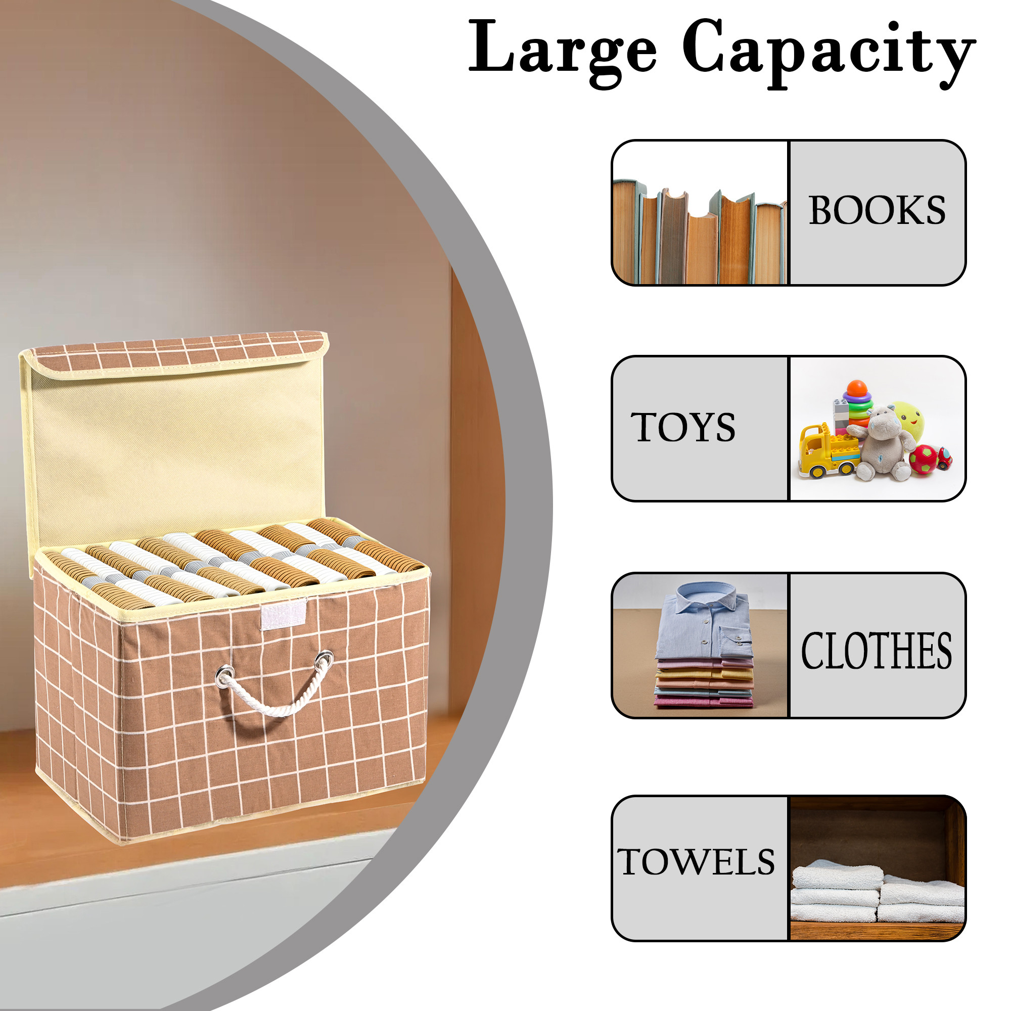 Kuber Industries Multipurpose Storage Box For Wardrobe With Lid  Handle  Medium Space-Saving Container Boxes For Storage Clothes - Ideal For Bathroom  Kitchen  Check Print - Brown