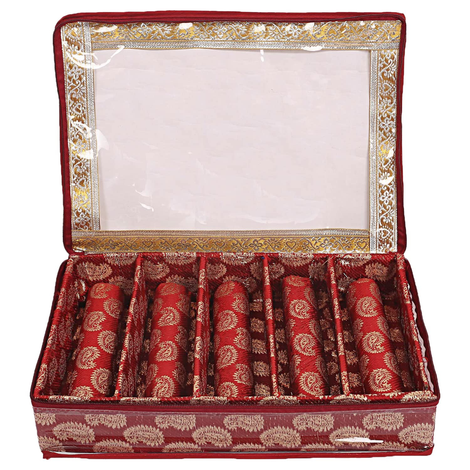 Kuber Industries Multipurpose Teardrop Pattern Laminated 5 Rod Bangle BoxOrganizerCase With Tranasparent Top - Pack of 2 Red-47KM0499
