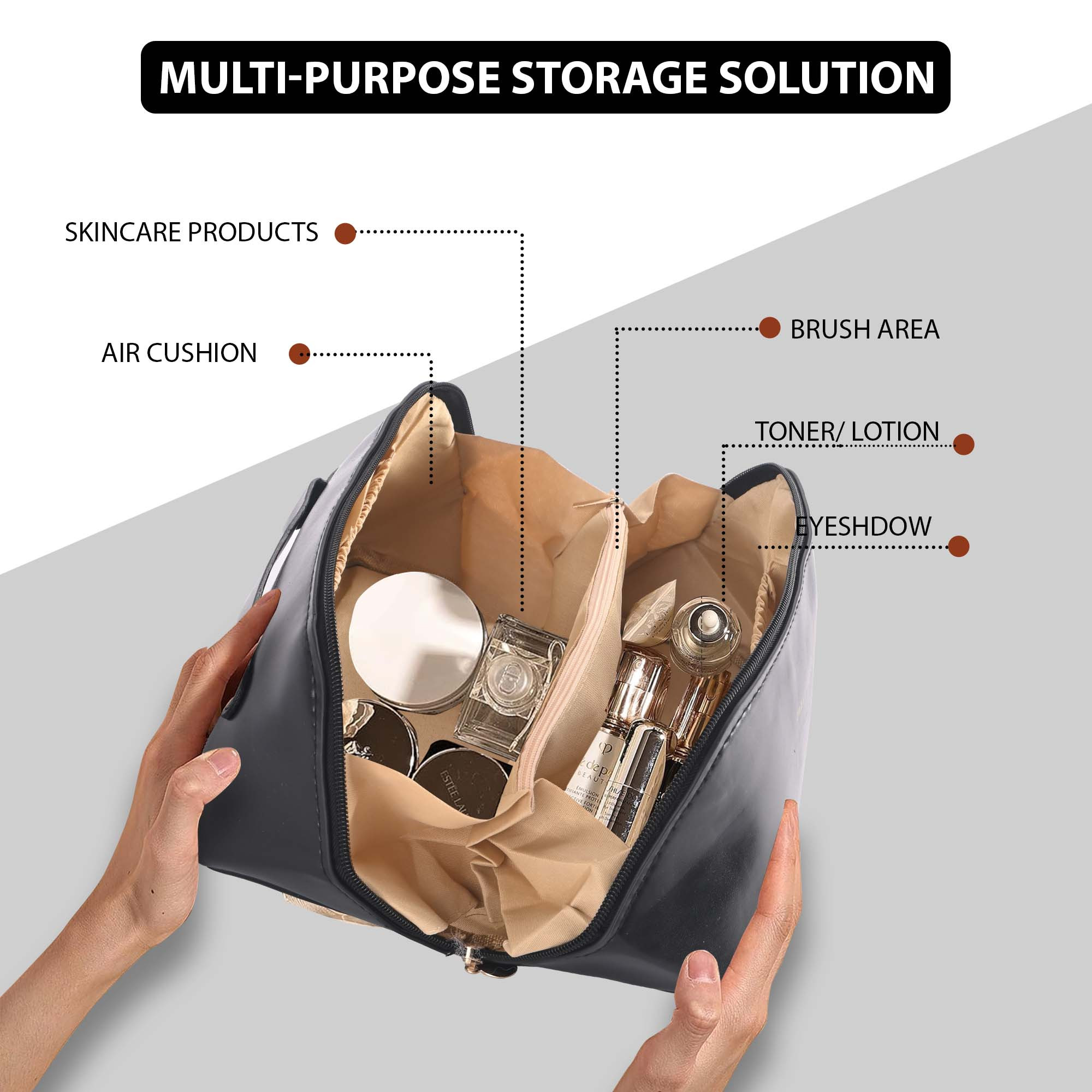 Kuber Industries Multipurpose Toiletry Pouch for Women  Cosmetics  Skincare Wash Bags for Women  Girls  Bride Makeup Storage Bag  Pouches for Travel  YJ-21-BLK  Black