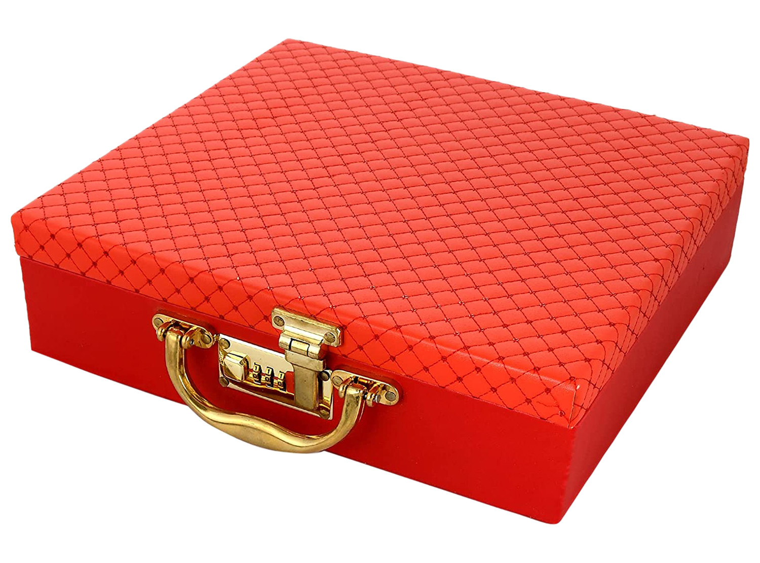 Kuber Industries Multipurpose Wooden Check Design 3 Rod Bangle Box/Organizer/Case With Mirror & Number Lock System (Red)-47KM0581