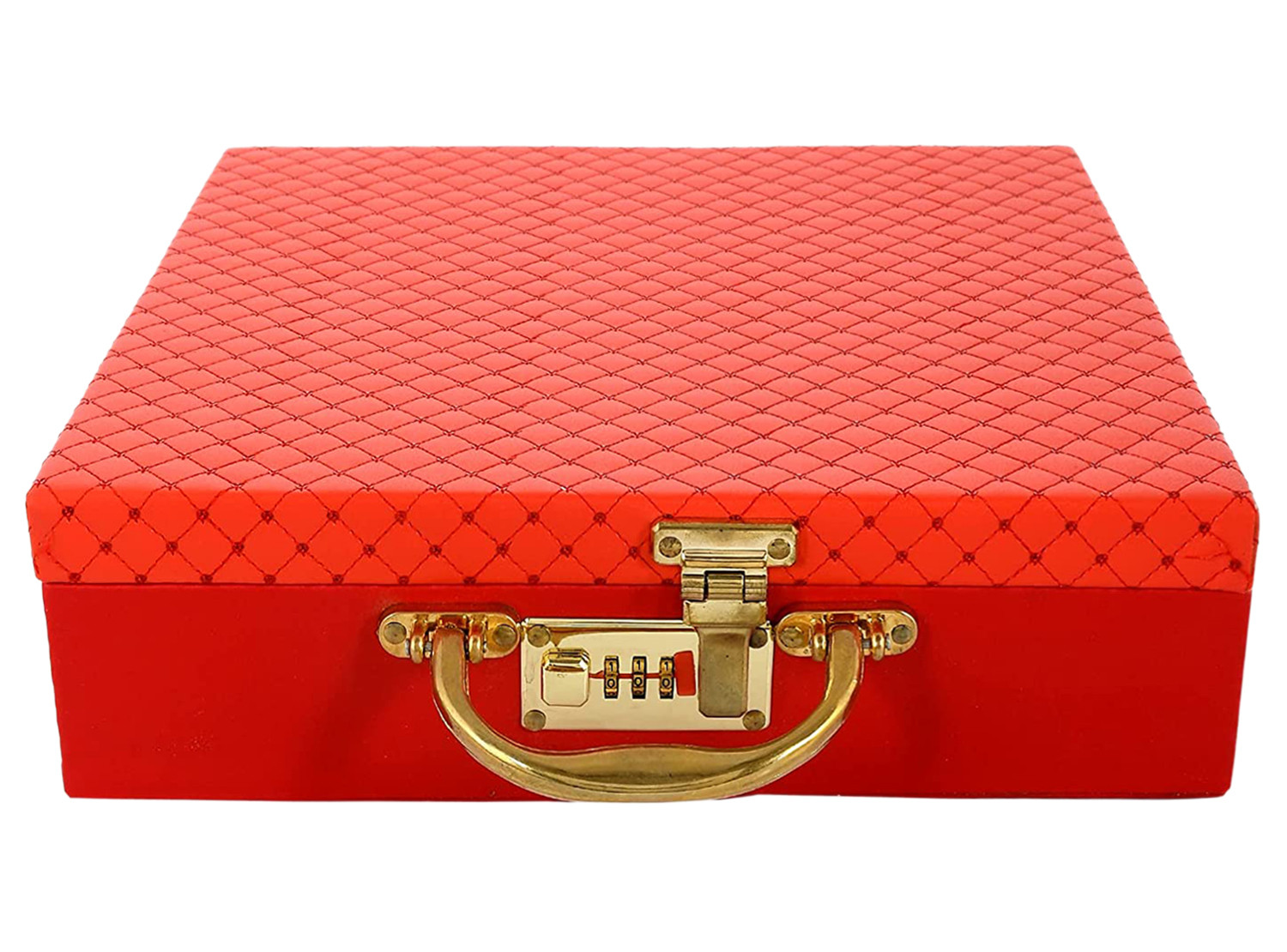 Kuber Industries Multipurpose Wooden Check Design 3 Rod Bangle Box/Organizer/Case With Mirror & Number Lock System (Red)-47KM0581