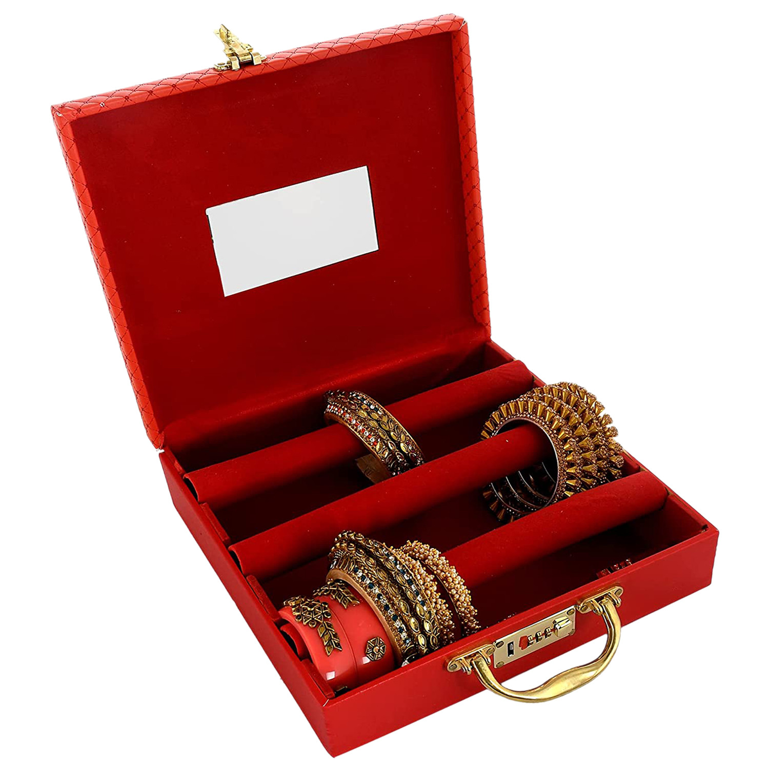 Kuber Industries Multipurpose Wooden Check Design 3 Rod Bangle Box/Organizer/Case With Mirror & Number Lock System (Red)-47KM0581