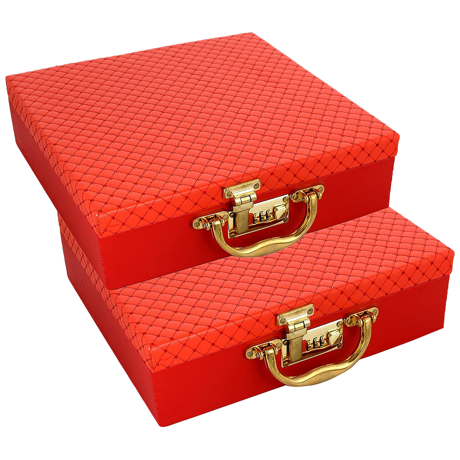 Kuber Industries Multipurpose Wooden Check Design 3 Rod Bangle Box/Organizer/Case With Mirror & Number Lock System (Red)-47KM0581