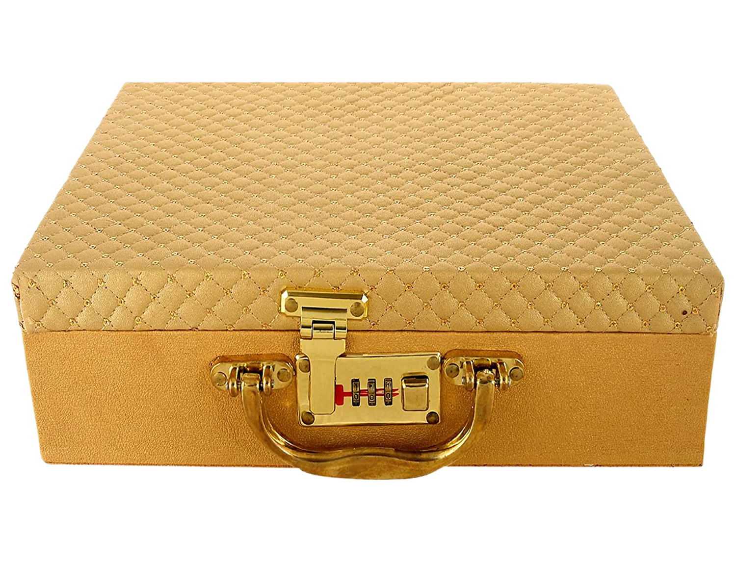 Kuber Industries Multipurpose Wooden Check Design 4 Rod Bangle Box/Organizer/Case With Mirror & Number Lock System (Gold)-47KM0573
