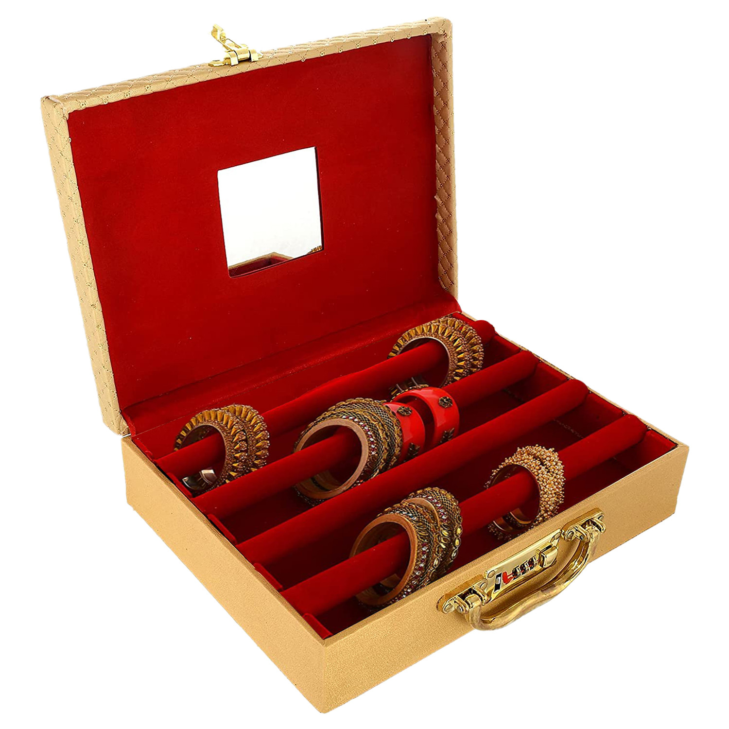 Kuber Industries Multipurpose Wooden Check Design 4 Rod Bangle Box/Organizer/Case With Mirror & Number Lock System (Gold)-47KM0573
