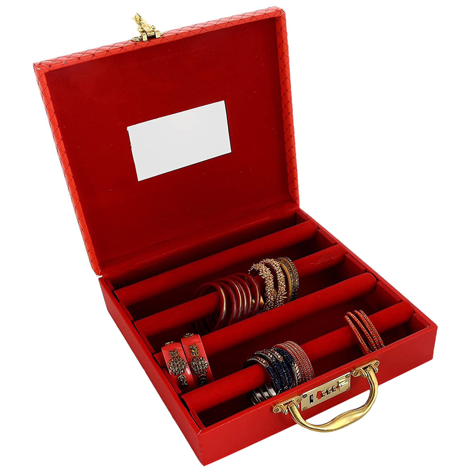 Kuber Industries Multipurpose Wooden Check Design 4 Rod Bangle Box/Organizer/Case With Mirror & Number Lock System (Red)-47KM0585