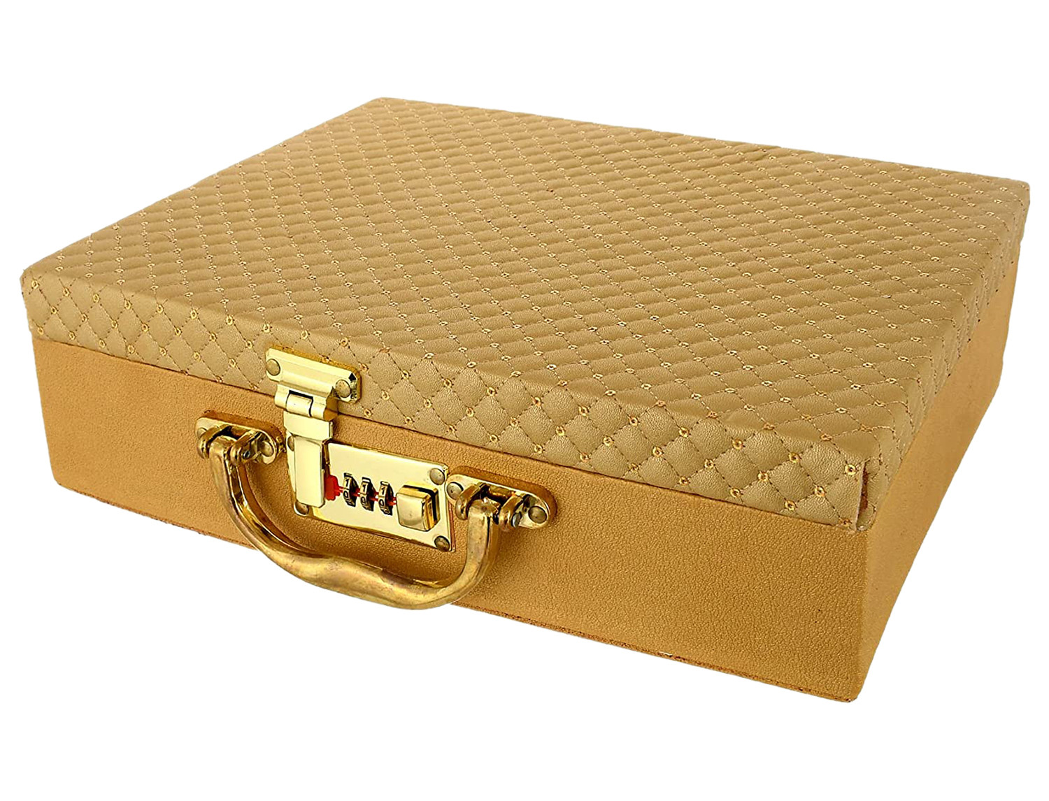 Kuber Industries Multipurpose Wooden Check Design 5 Rod Bangle Box/Organizer/Case With Mirror & Number Lock System (Gold)-47KM0577