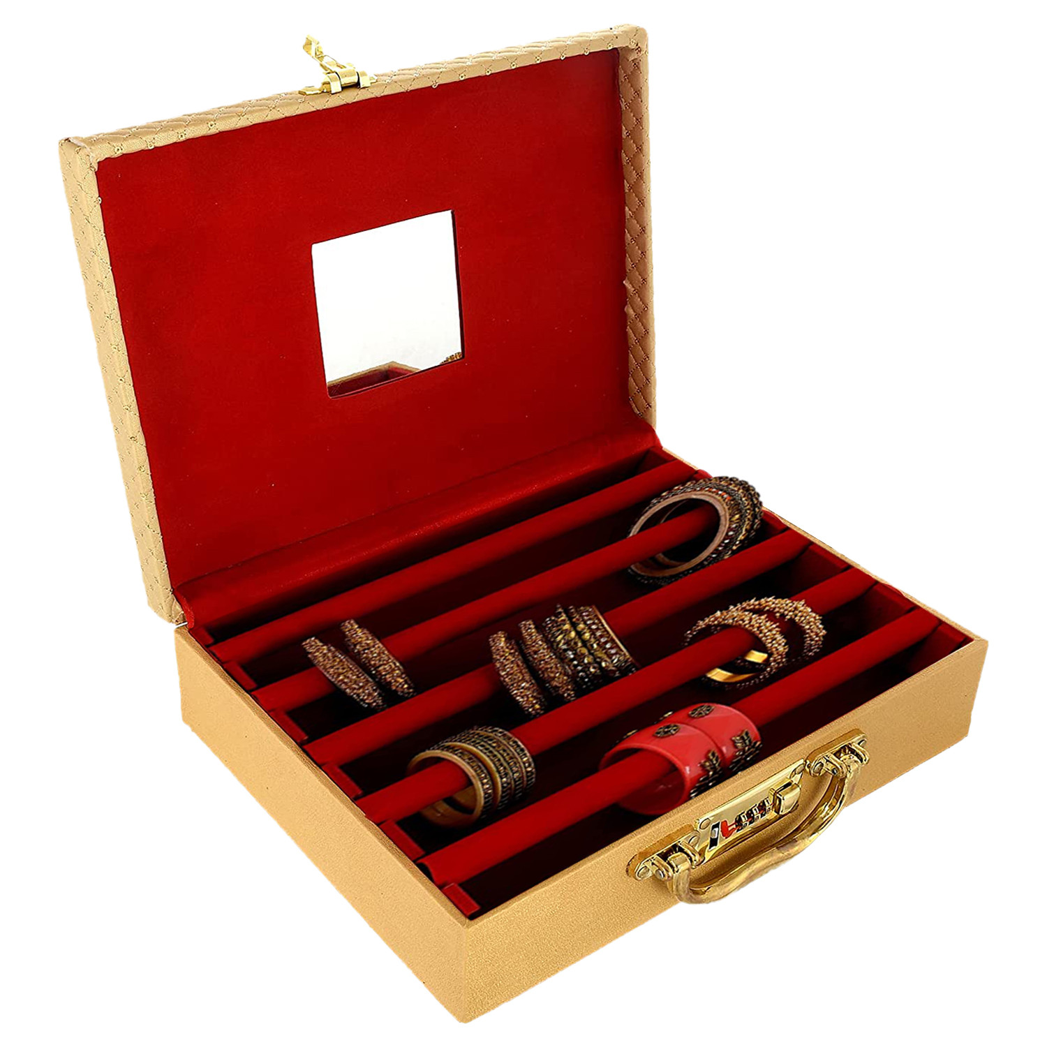 Kuber Industries Multipurpose Wooden Check Design 5 Rod Bangle Box/Organizer/Case With Mirror & Number Lock System (Gold)-47KM0577