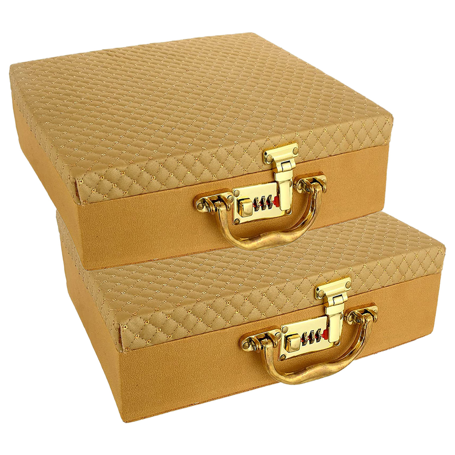 Kuber Industries Multipurpose Wooden Check Design 5 Rod Bangle Box/Organizer/Case With Mirror & Number Lock System (Gold)-47KM0577
