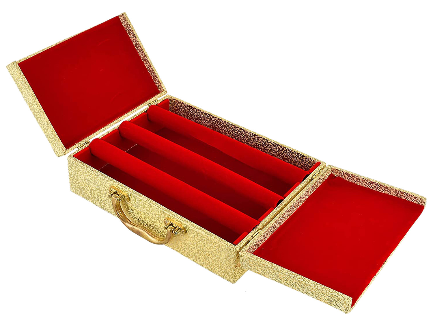 Kuber Industries Multipurpose Wooden Moonrock Design 3 Rod Double Door Bangle Box/Organizer/Case With Catch Lock (Gold)-47KM0561
