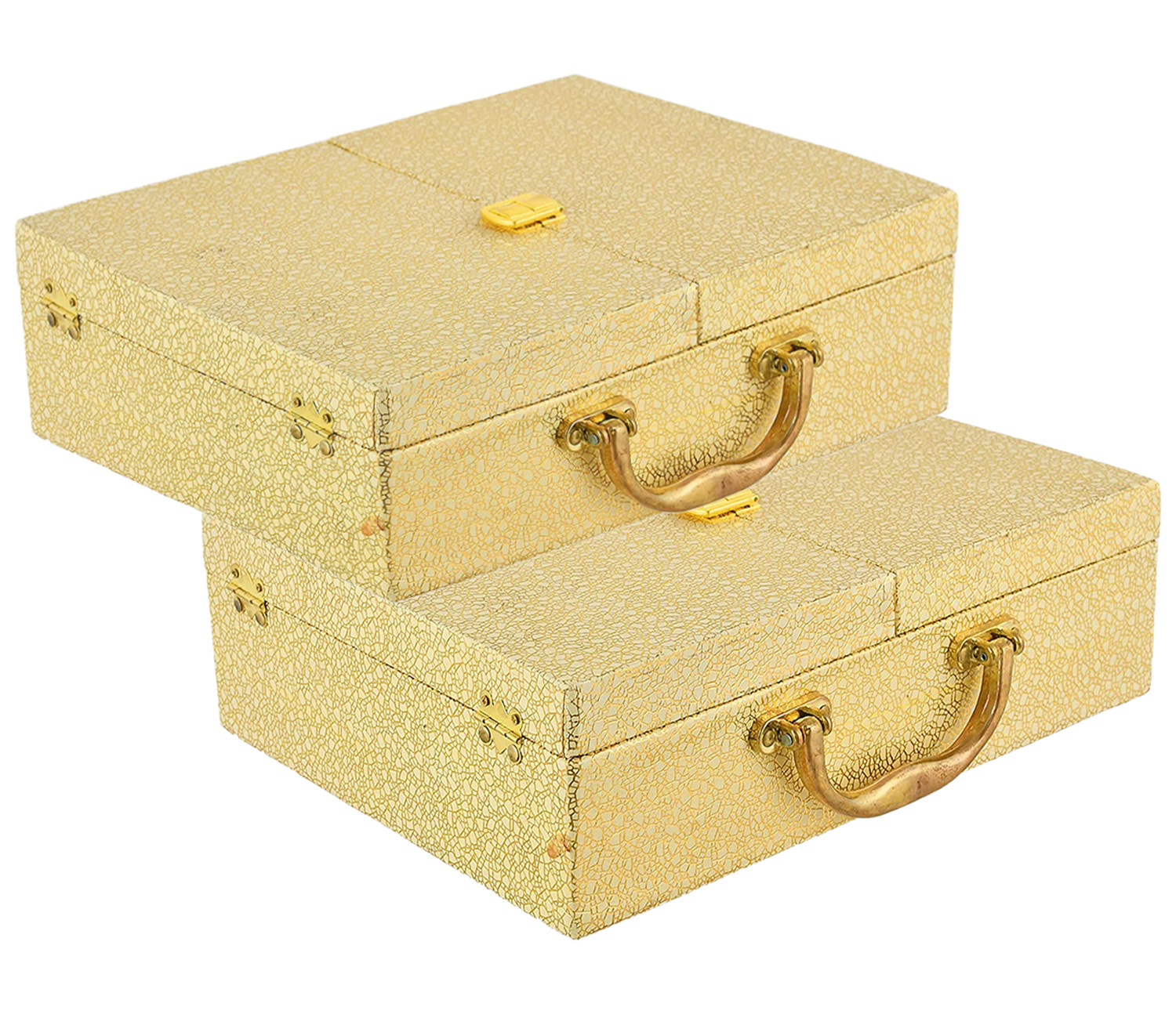 Kuber Industries Multipurpose Wooden Moonrock Design 3 Rod Double Door Bangle Box/Organizer/Case With Catch Lock (Gold)-47KM0561