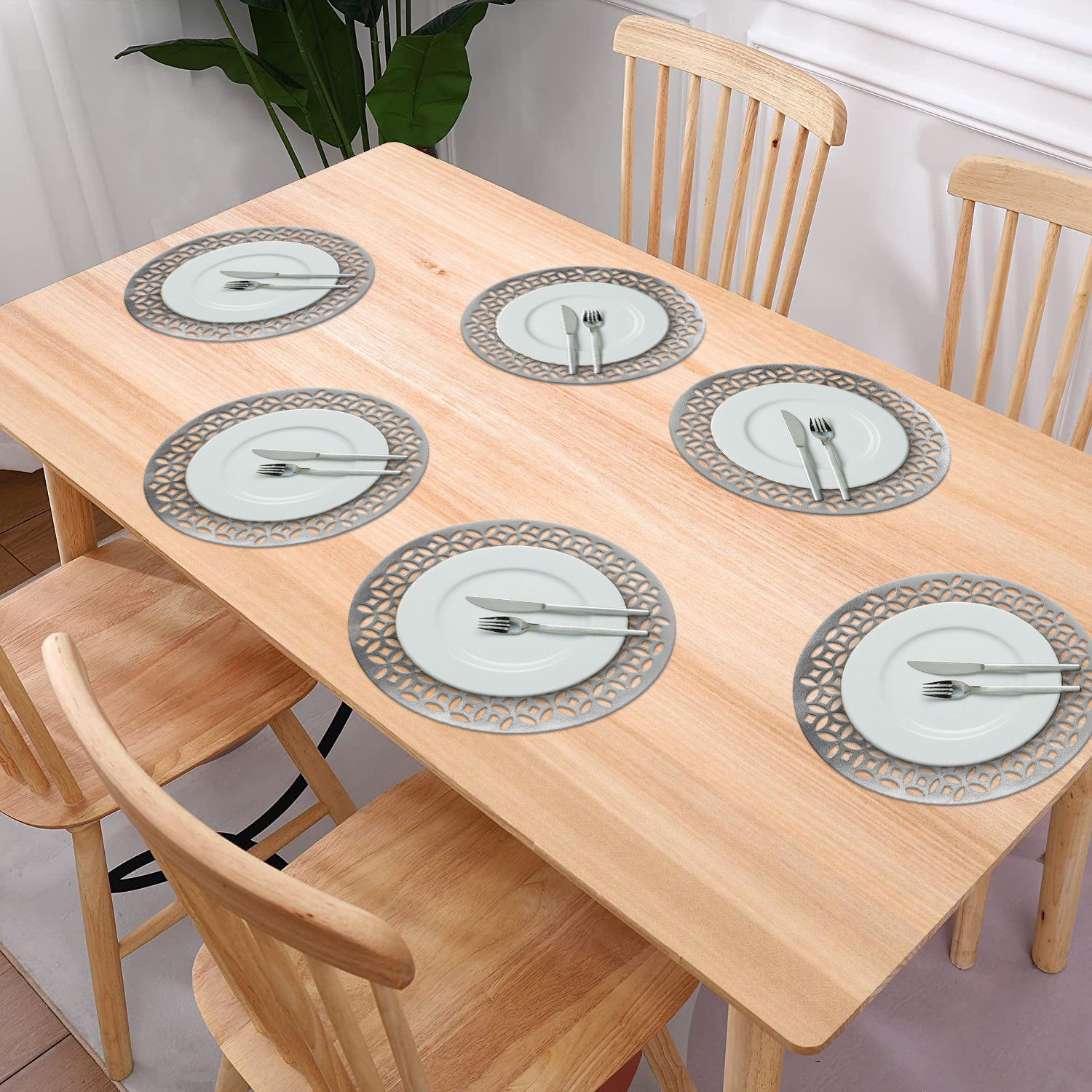Kuber Industries Multiuses Arccircle Design PVC Table Placemat for kitchen, Dining Table Set of 6 (Silver)