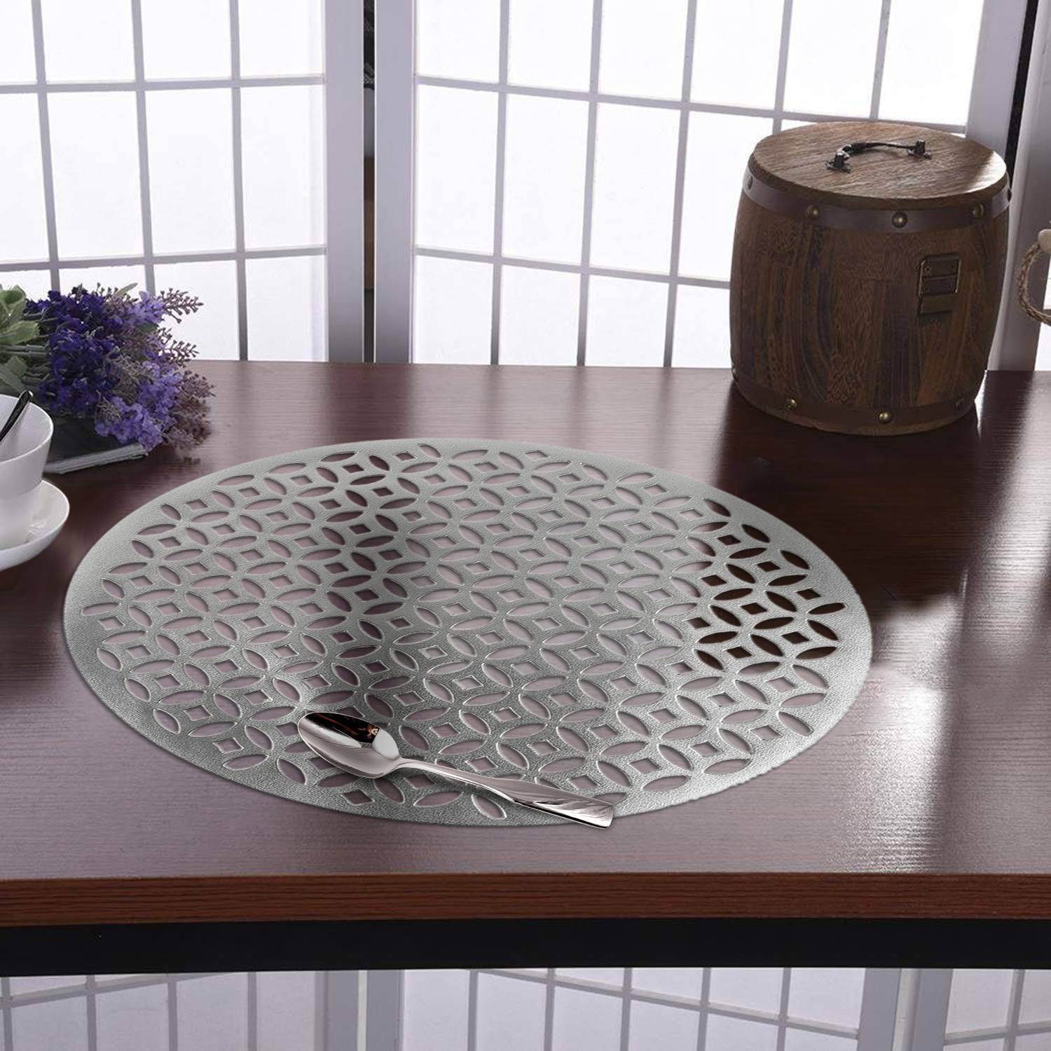 Kuber Industries Multiuses Arccircle Design PVC Table Placemat for kitchen, Dining Table Set of 6 (Silver)