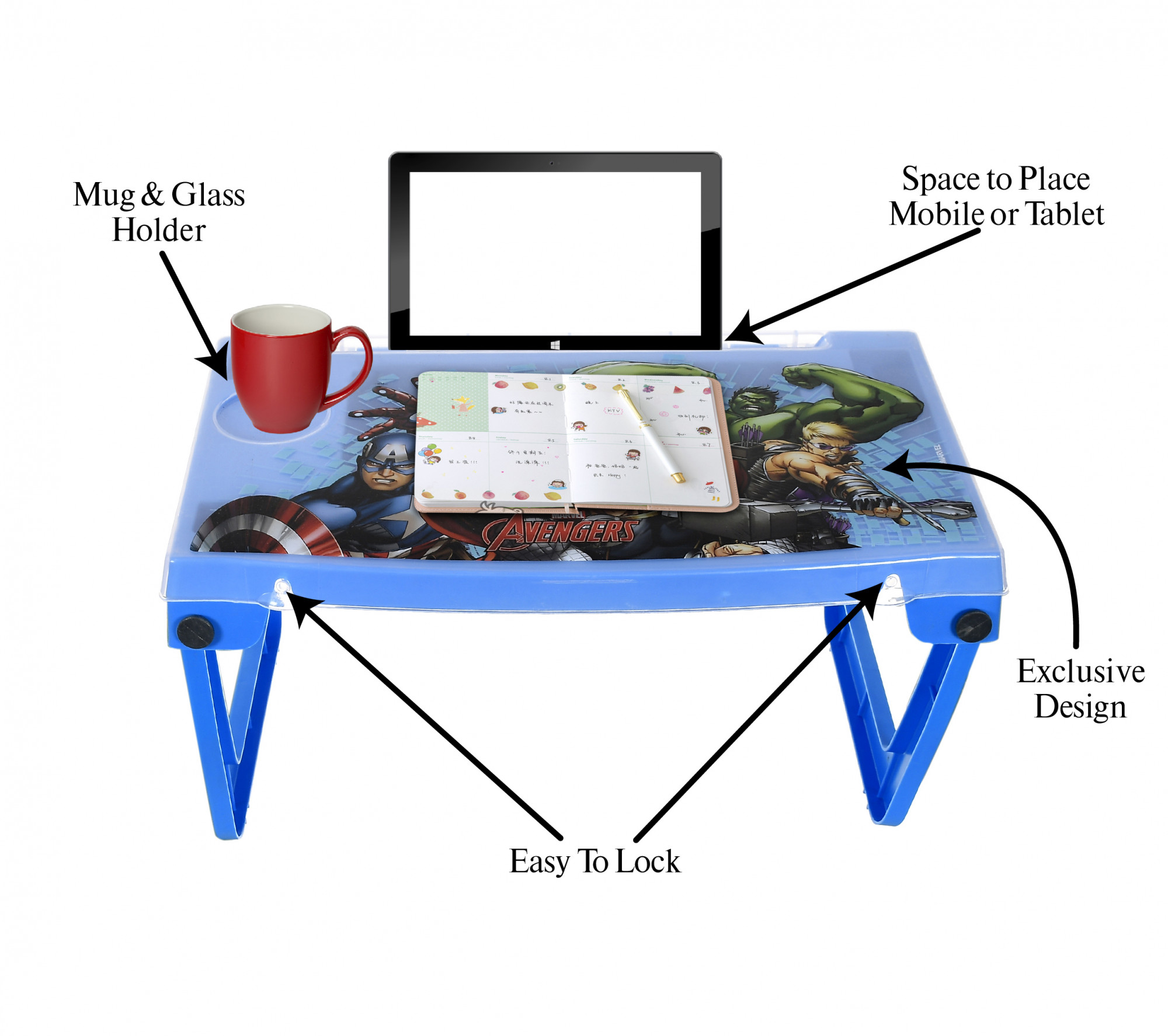 Kuber Industries Multiuses Avengers Print Plastic Study Desk/Laptop Table With Camparment For Home & Office (Blue)