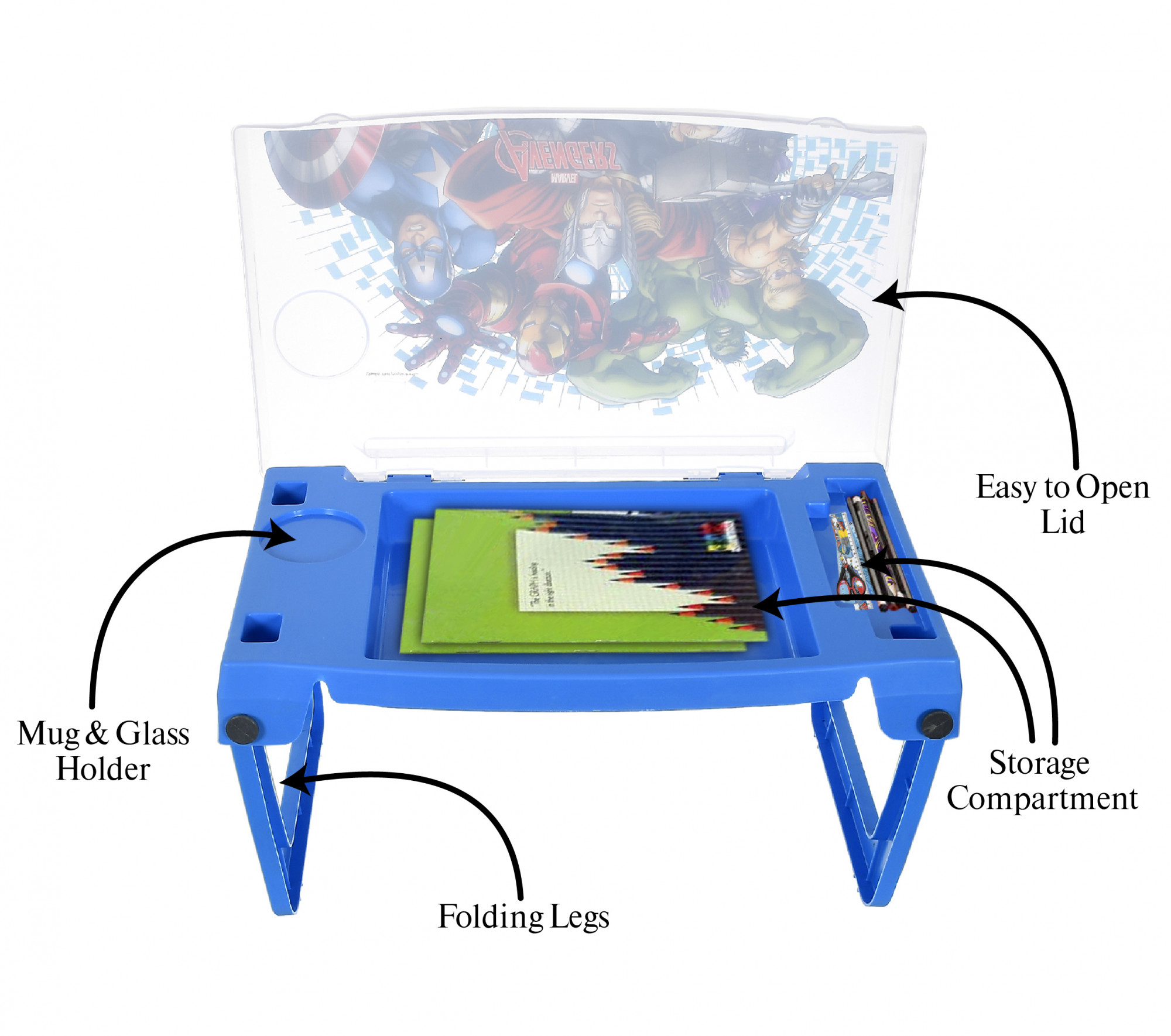 Kuber Industries Multiuses Avengers Print Plastic Study Desk/Laptop Table With Camparment For Home & Office (Blue)