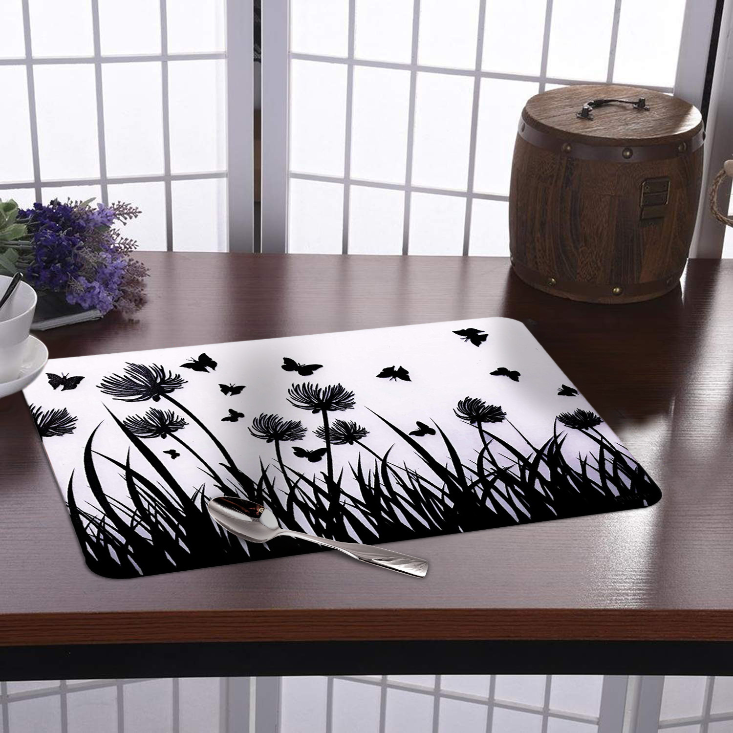 Kuber Industries Multiuses Butterfly Print PVC Table Placemat for kitchen, Dining Table Set of 6 (White)
