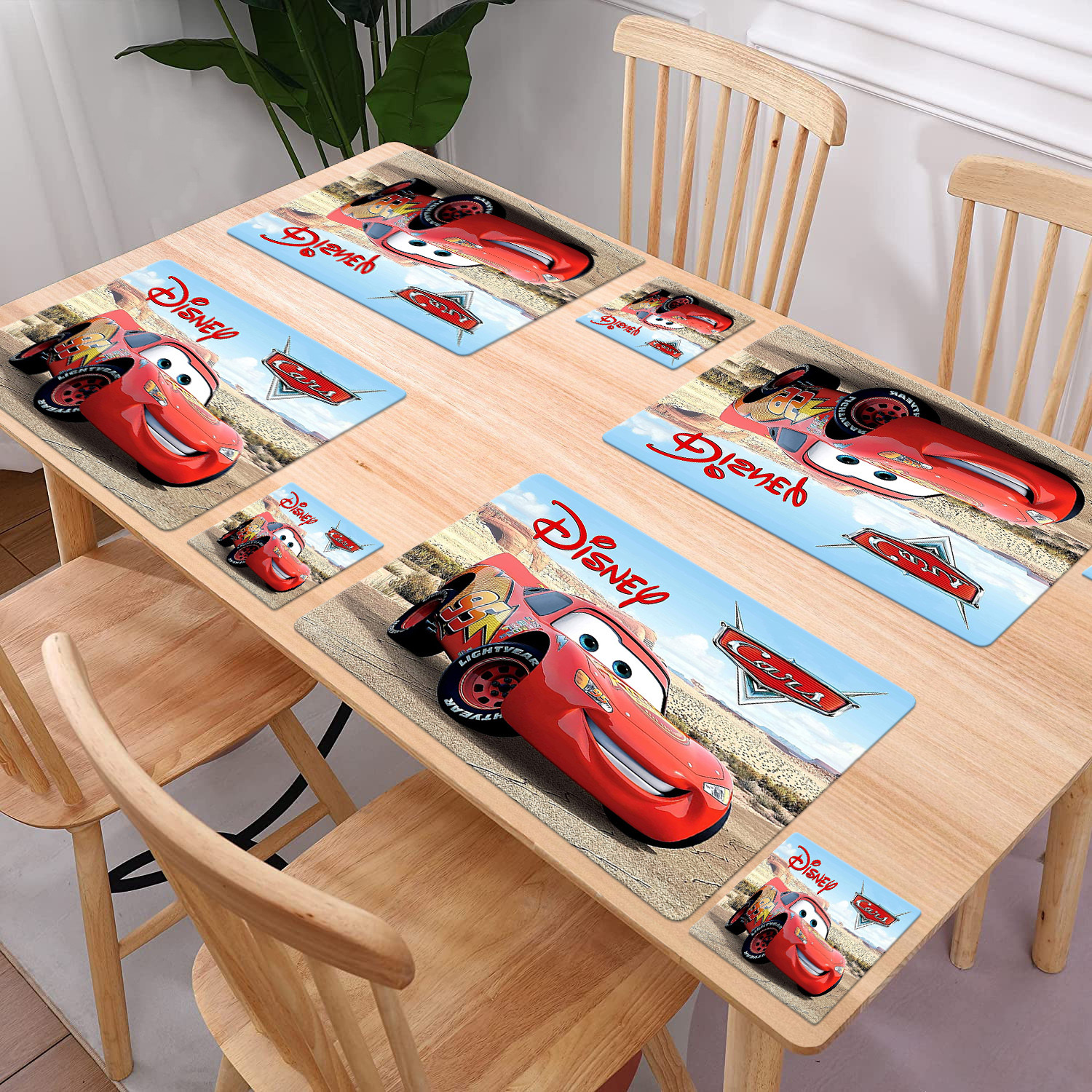 Kuber Industries Multiuses Car Print PVC Table Placemat With 6 Coasters for kitchen, Dining Table Set of 6 (Beige)