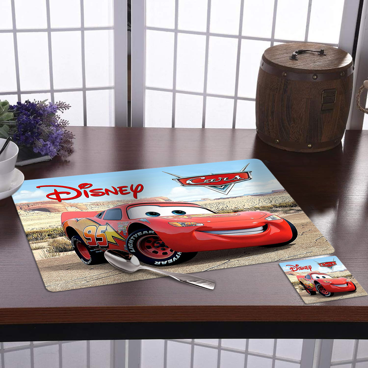 Kuber Industries Multiuses Car Print PVC Table Placemat With 6 Coasters for kitchen, Dining Table Set of 6 (Beige)