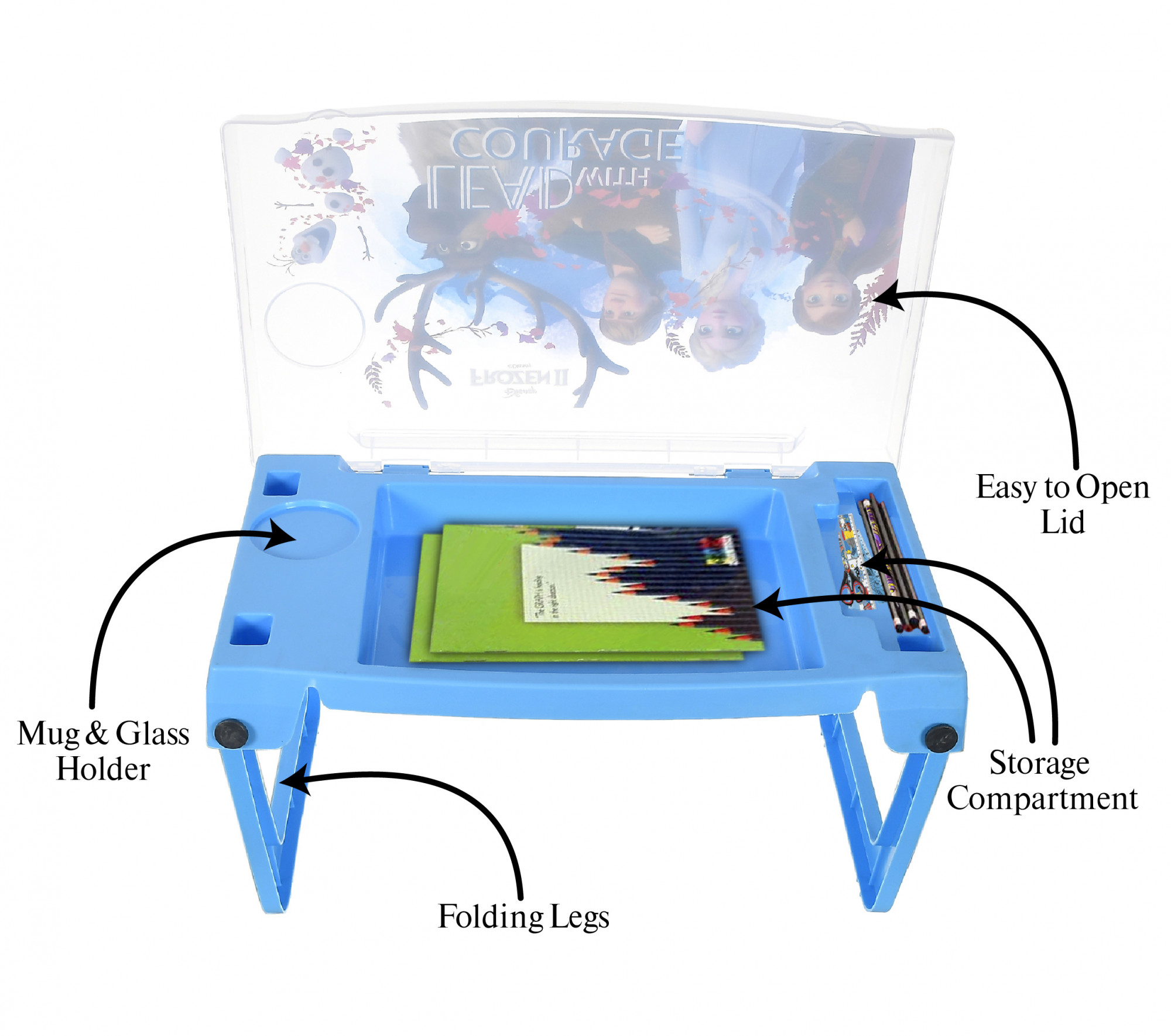 Kuber Industries Multiuses Disney Frozen Print Plastic Study Desk/Laptop Table With Camparment For Home & Office (Blue)