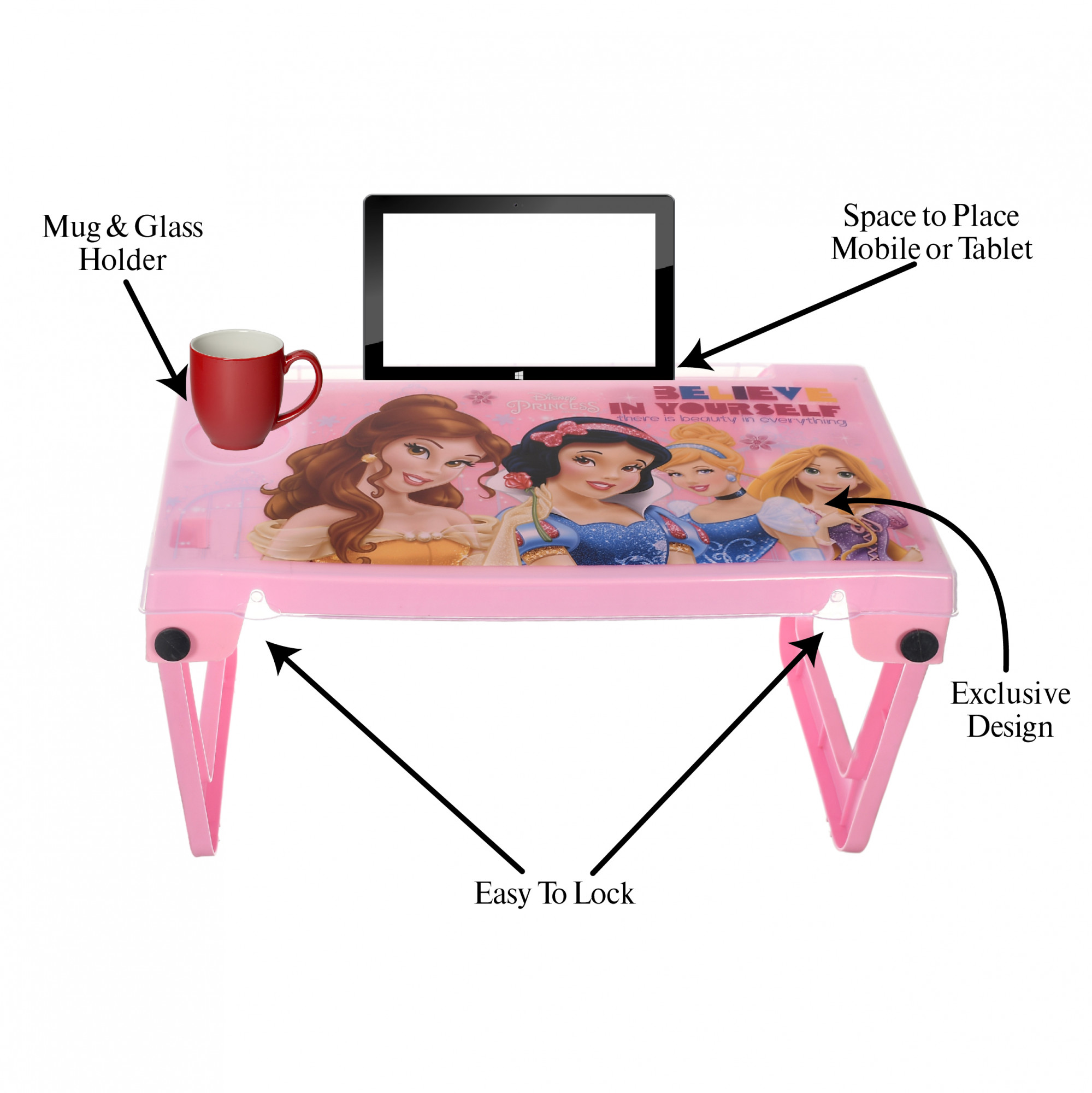 Kuber Industries Multiuses Disney Princess Print Plastic Study Desk/Laptop Table With Camparment For Home & Office (Pink)
