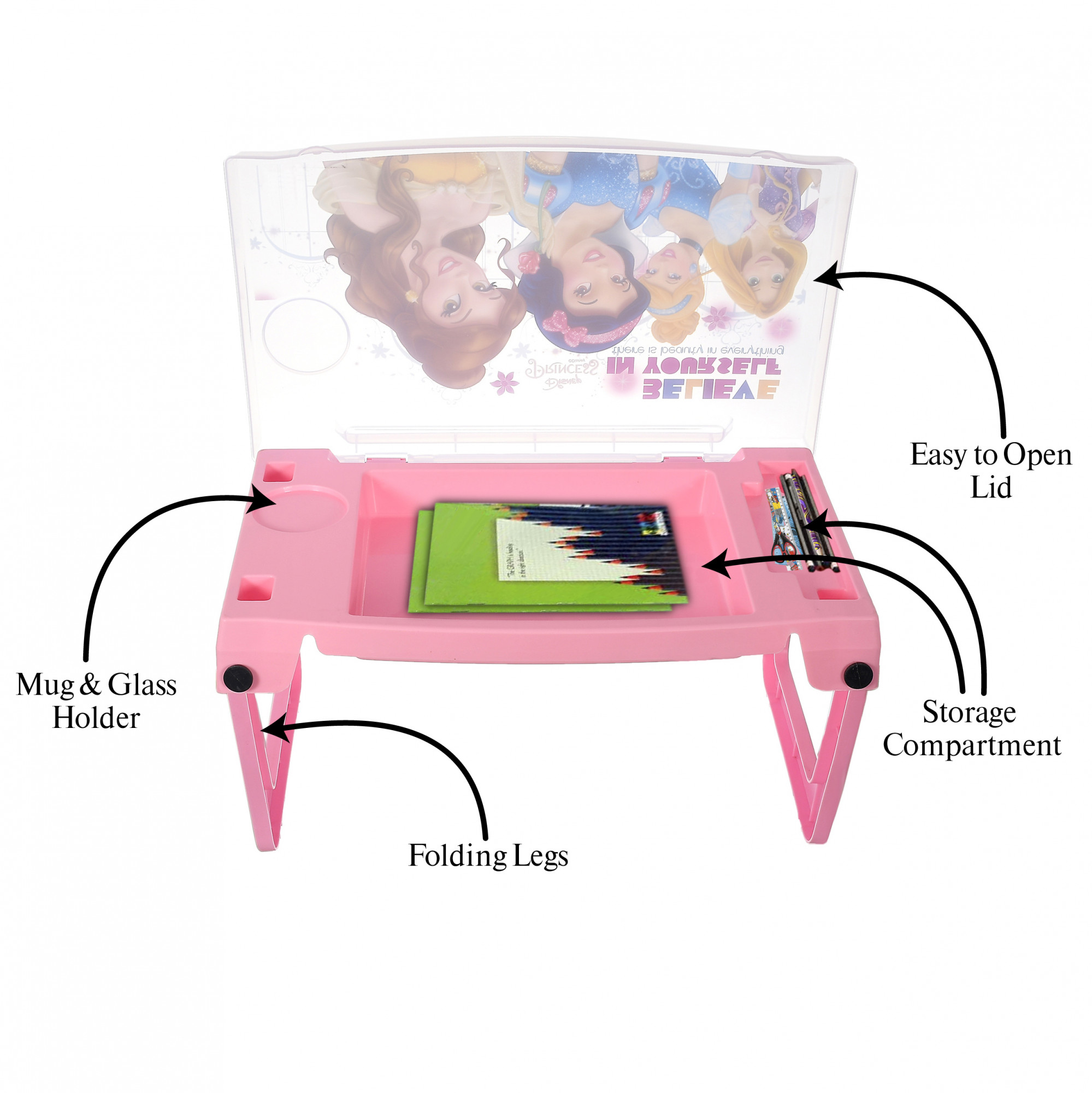 Kuber Industries Multiuses Disney Princess Print Plastic Study Desk/Laptop Table With Camparment For Home & Office (Pink)