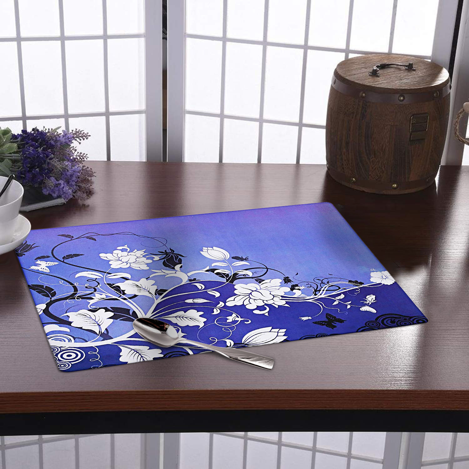 Kuber Industries Multiuses Floral Print PVC Table Placemat for kitchen, Dining Table Set of 6 (Blue)