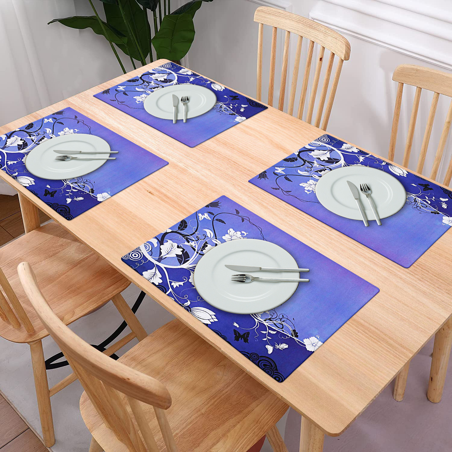 Kuber Industries Multiuses Floral Print PVC Table Placemat for kitchen, Dining Table Set of 6 (Blue)