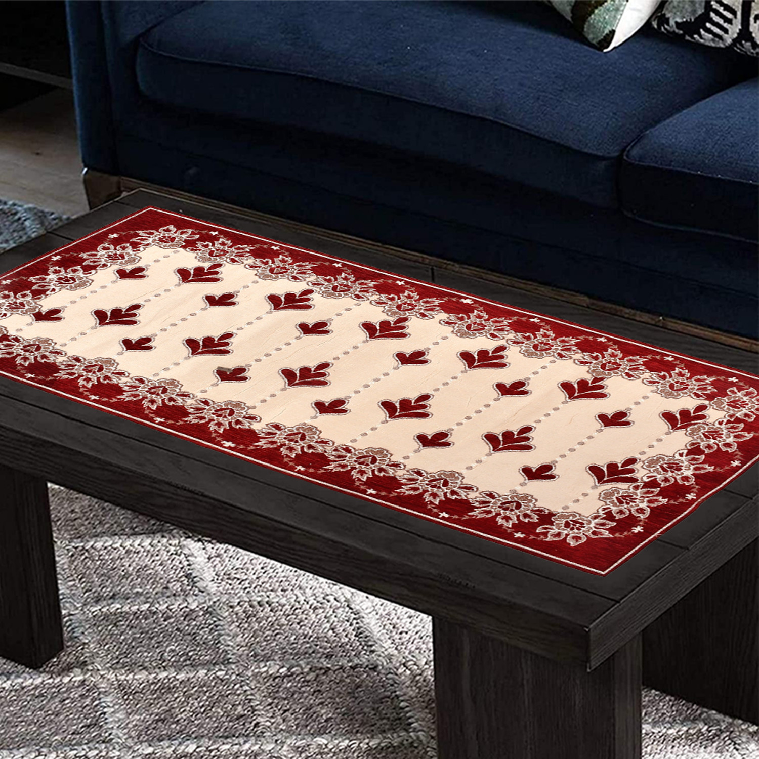 Kuber Industries Multiuses Floral Print Rectangular Cotton Table Runner for Dining and Center Table (Maroon)