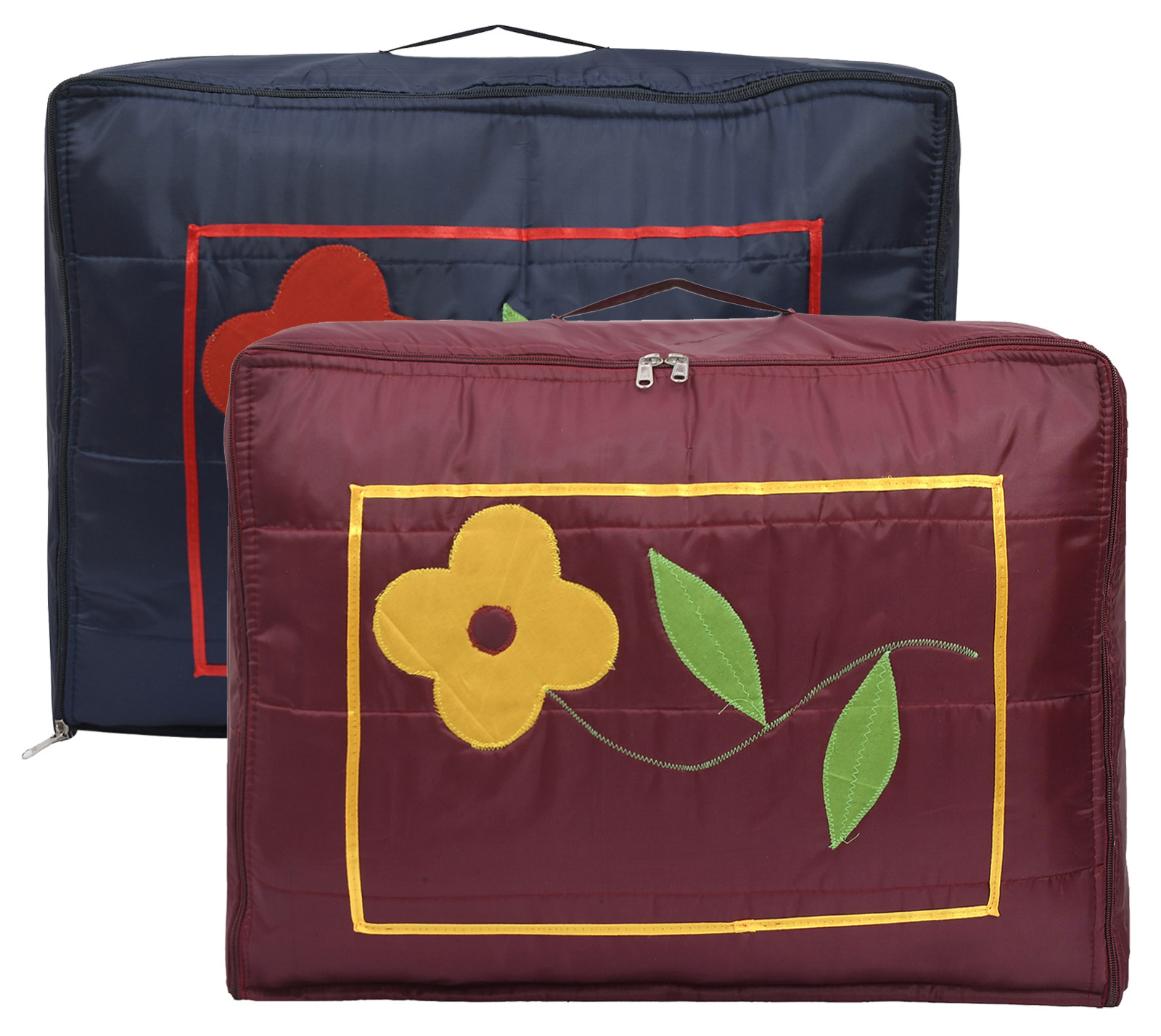 Kuber Industries Multiuses Flower Print Foldable Polyster Saree Covers/Clothes Storage Bag/Wardrobe Organizer- Pack of 2 (Navy Blue & Maroon)