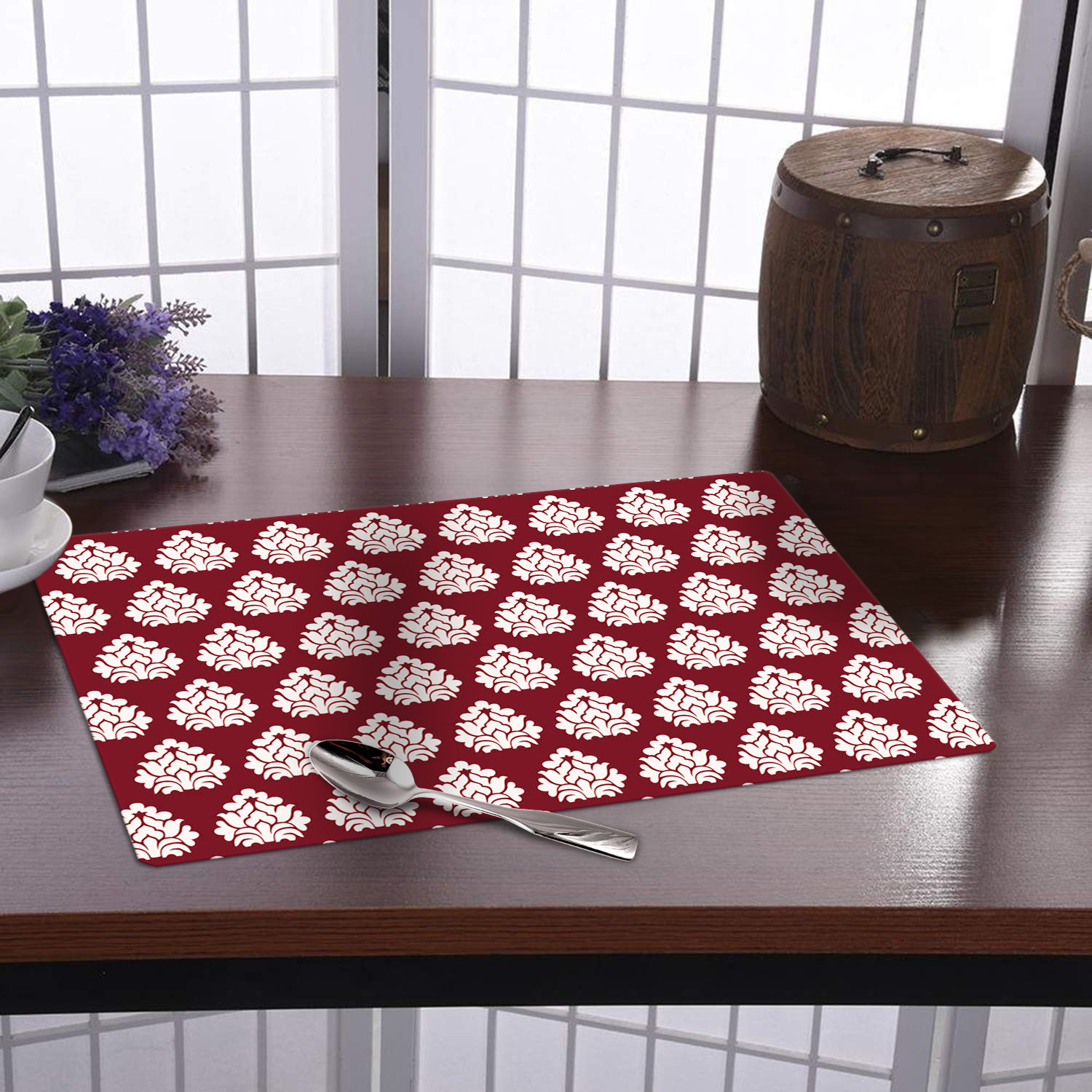 Kuber Industries Multiuses Flower Print PVC Table Placemat for kitchen, Dining Table Set of 6 (Maroon)