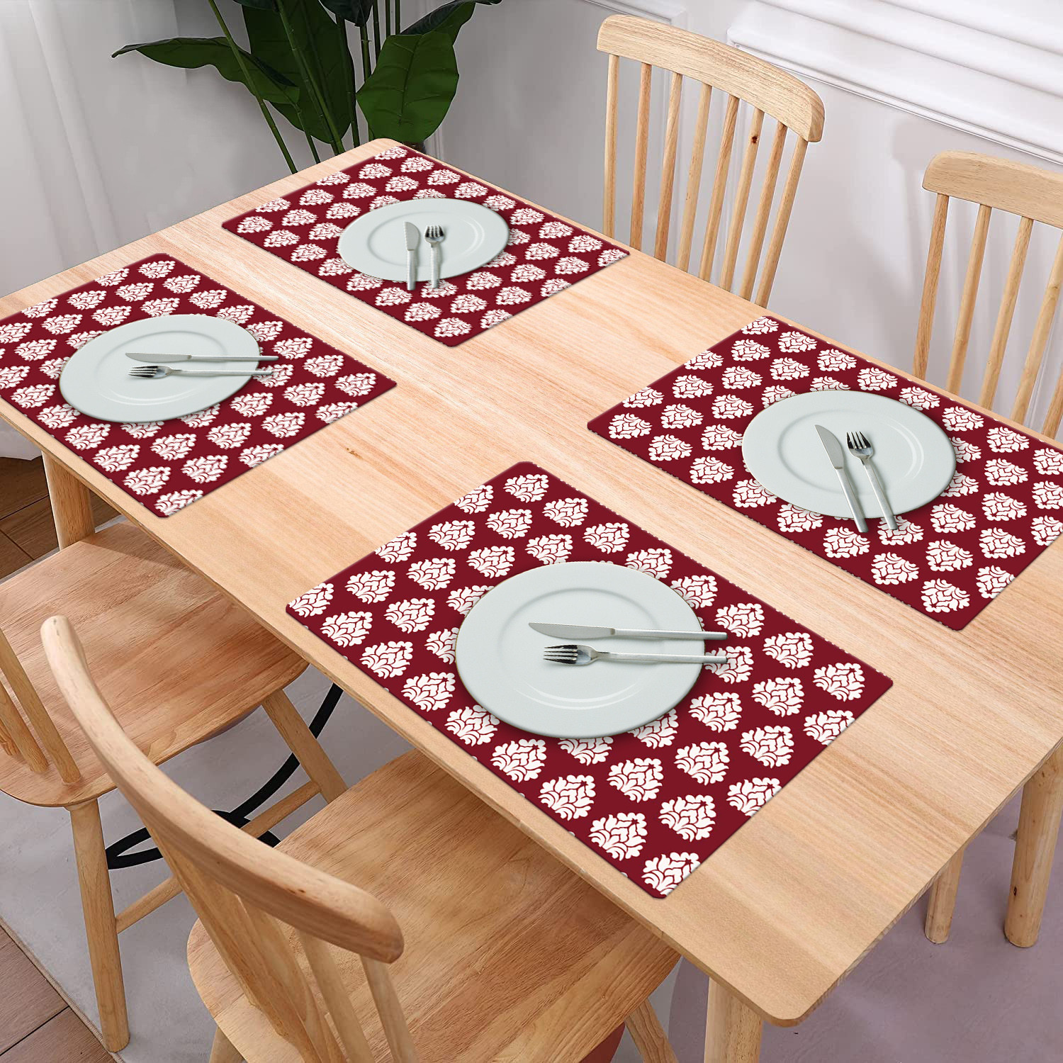 Kuber Industries Multiuses Flower Print PVC Table Placemat for kitchen, Dining Table Set of 6 (Maroon)