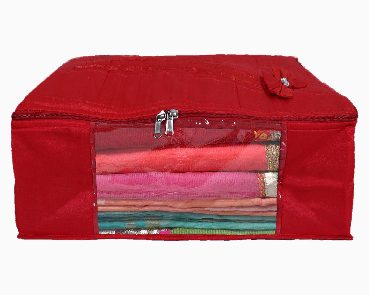 Kuber Industries Multiuses Foldable Cotton Saree Covers/Clothes Storage Bag/Wardrobe Organizer With Transparent Window (Red)