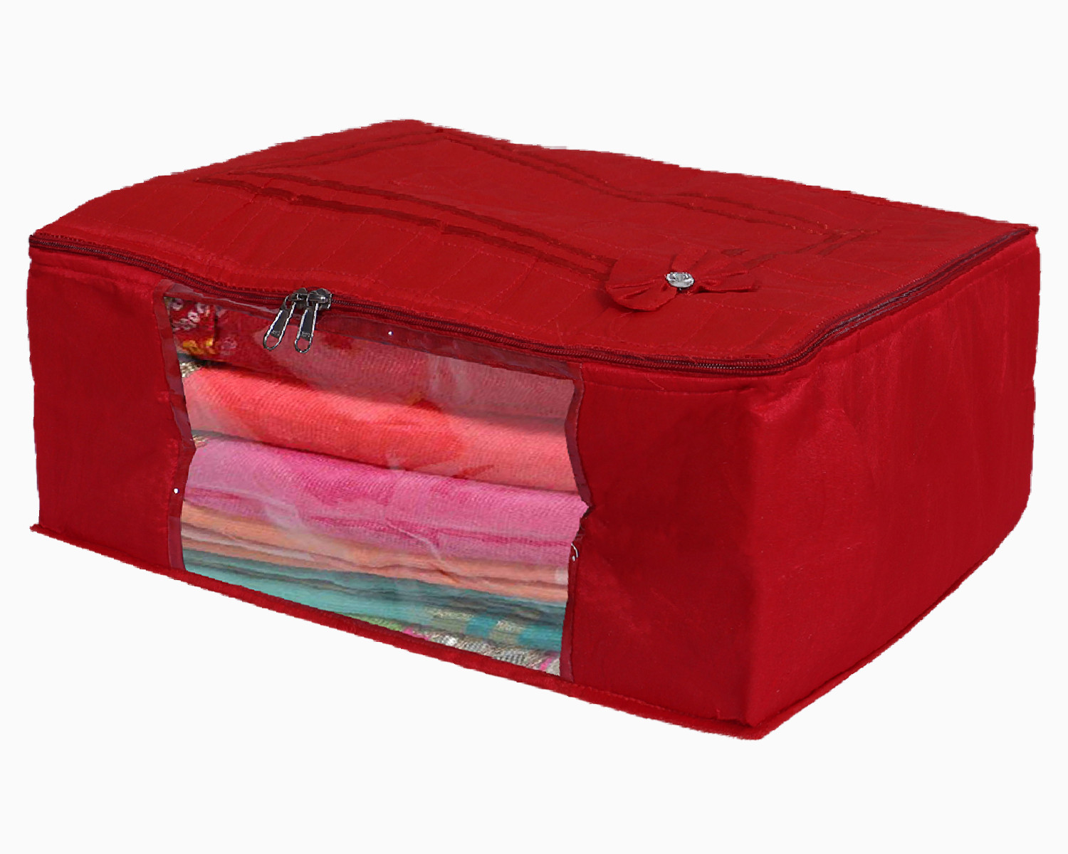 Kuber Industries Multiuses Foldable Cotton Saree Covers/Clothes Storage Bag/Wardrobe Organizer With Transparent Window (Red)
