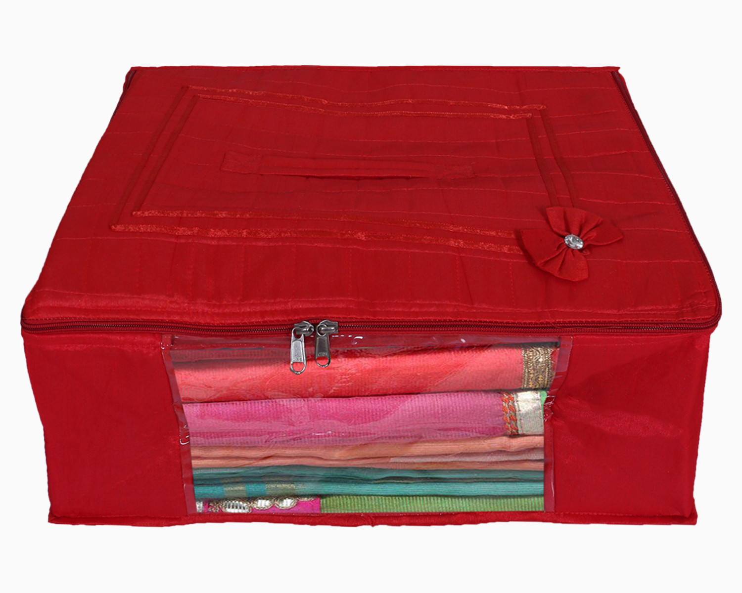 Kuber Industries Multiuses Foldable Cotton Saree Covers/Clothes Storage Bag/Wardrobe Organizer With Transparent Window (Red)