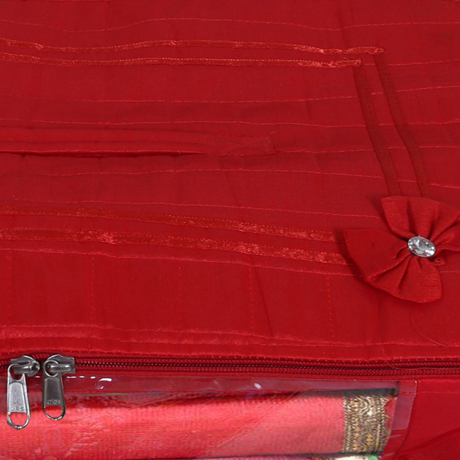 Kuber Industries Multiuses Foldable Cotton Saree Covers/Clothes Storage Bag/Wardrobe Organizer With Transparent Window (Red)