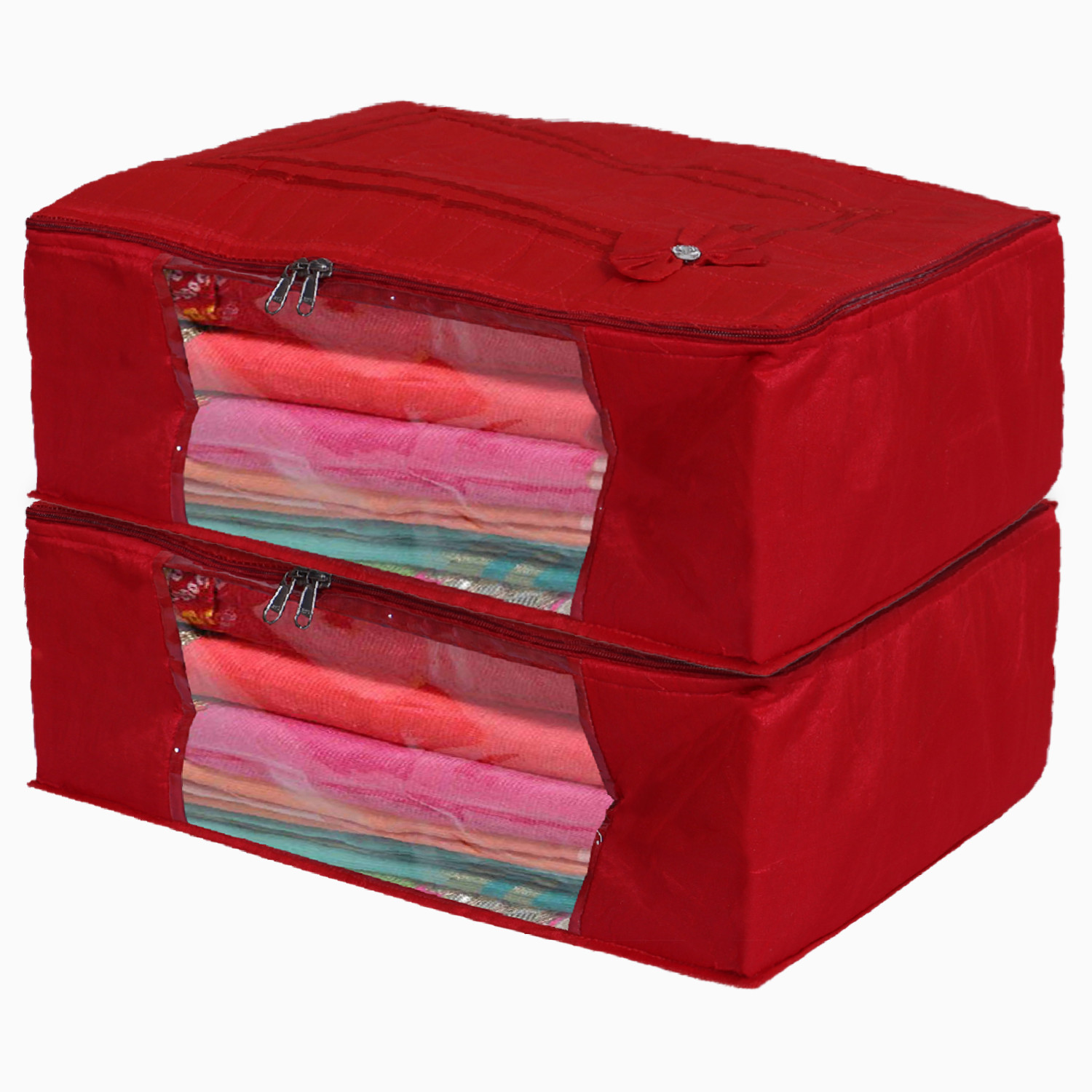 Kuber Industries Multiuses Foldable Cotton Saree Covers/Clothes Storage Bag/Wardrobe Organizer With Transparent Window (Red)