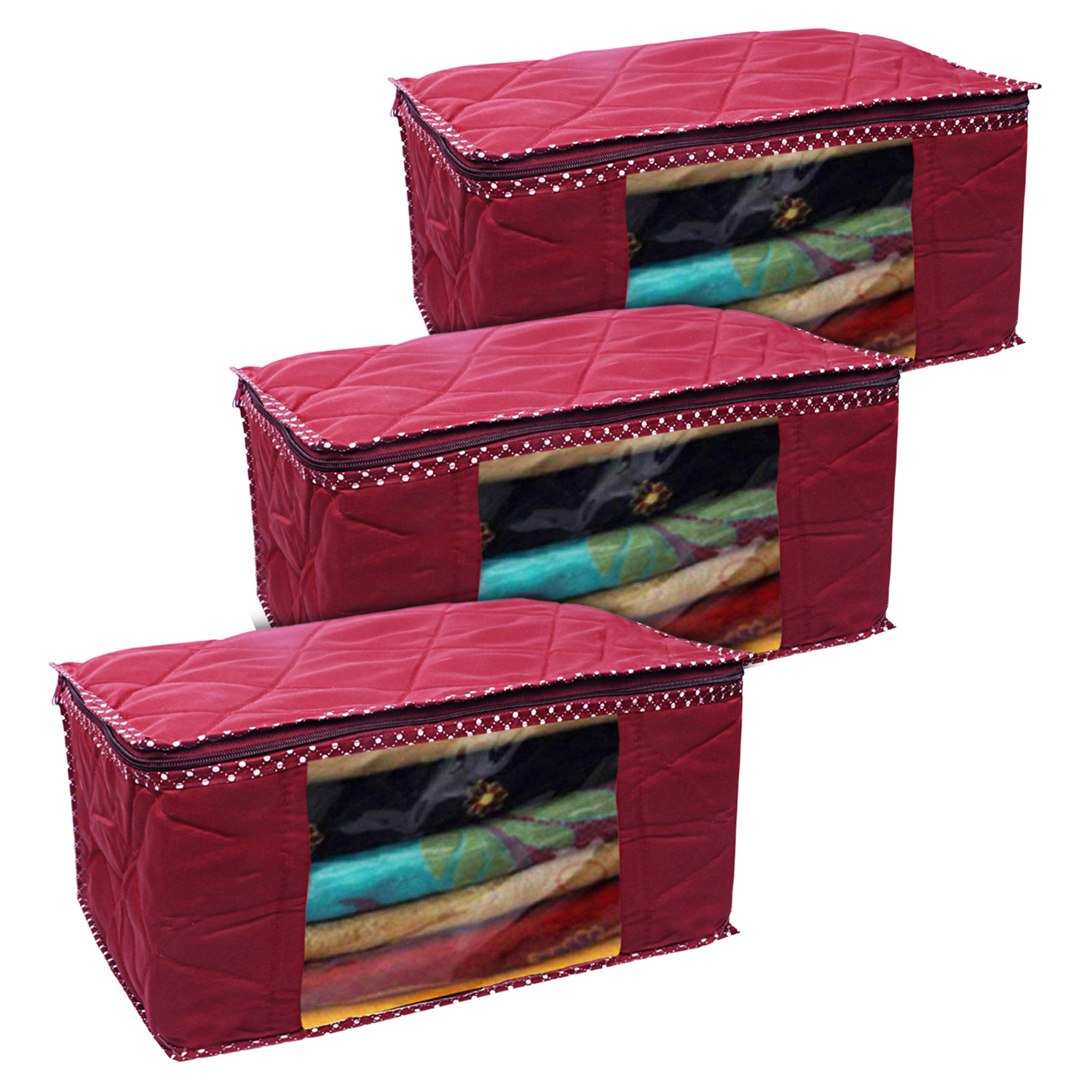 Kuber Industries Multiuses Foldable Parachute Saree Covers/Clothes Storage Bag/Wardrobe Organizer With Transparent Window (Maroon)