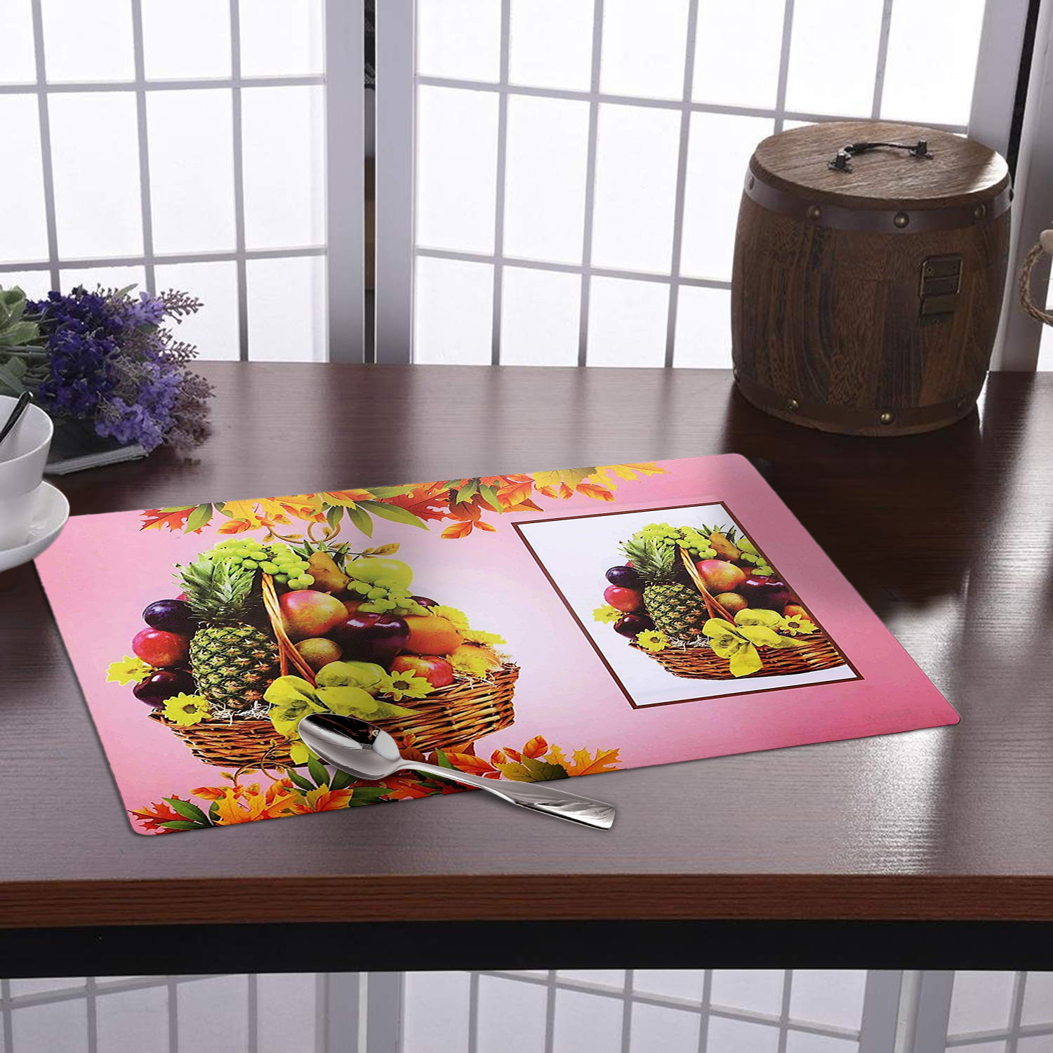 Kuber Industries Multiuses Fruit Print PVC Table Placemat for kitchen, Dining Table Set of 6 (Pink)